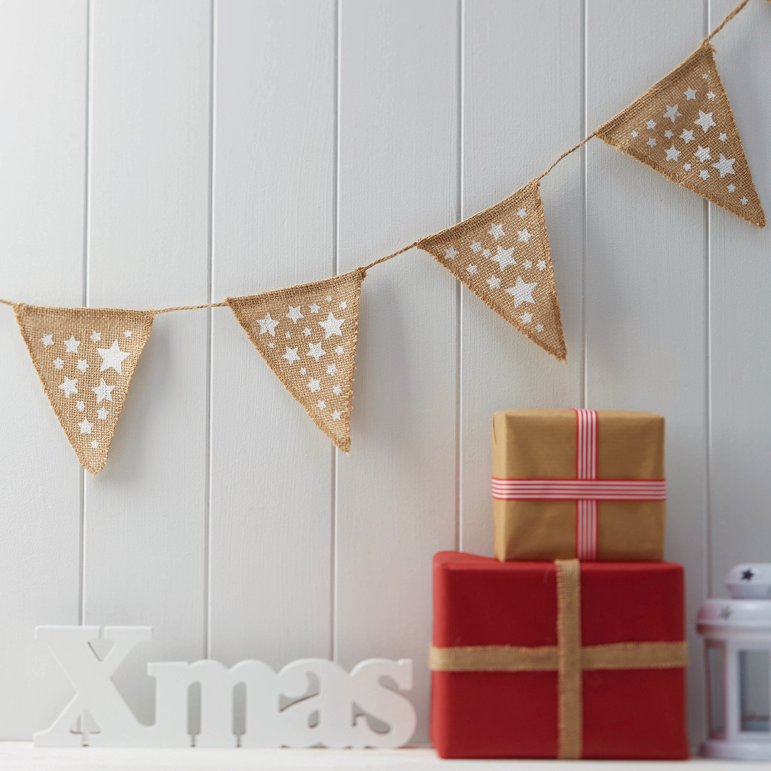 Ginger Ray White Star Hessian Christmas Burlap Bunting - Vintage Noel