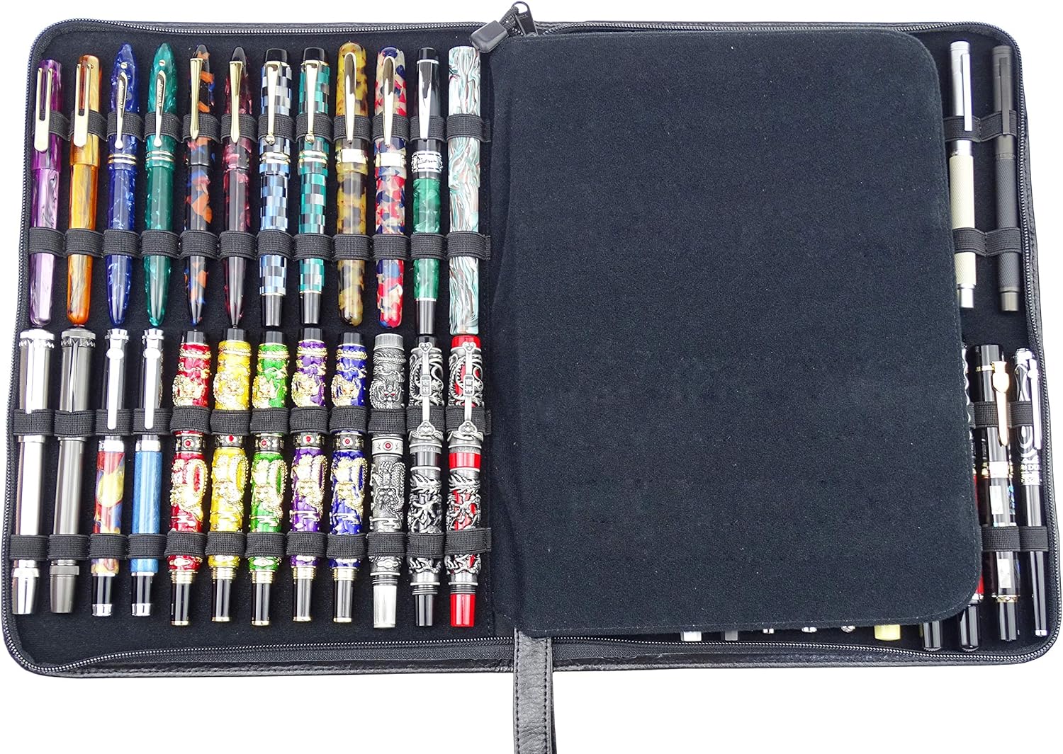 Lanxivi Cowhide Leather Fountain Pen Case Black for Various Size Pens,46 Slot Display Holder Bag Pen Pouch