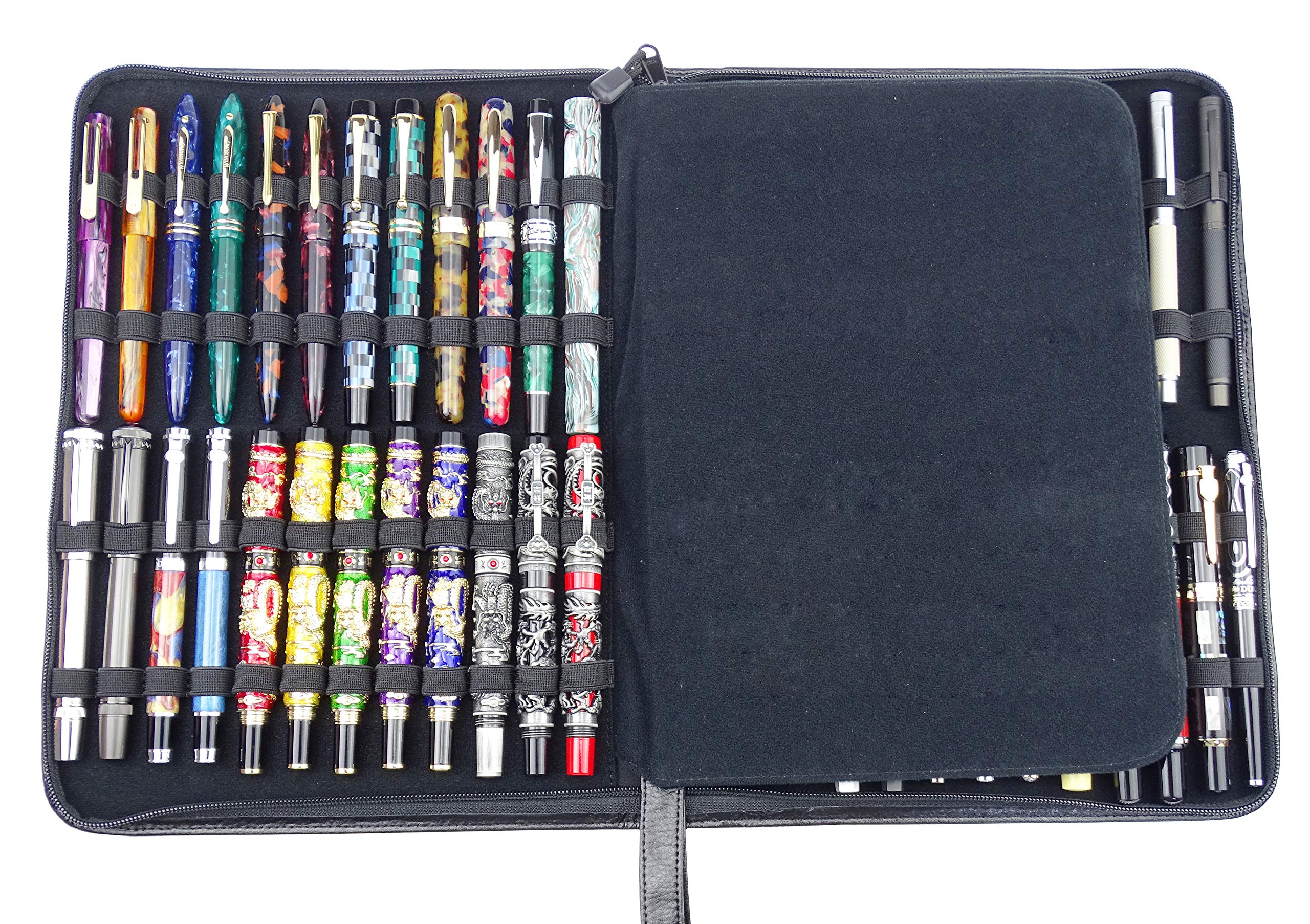 Lanxivi Cowhide Leather Fountain Pen Case Black for Various Size Pens,46 Slot Display Holder Bag Pen Pouch