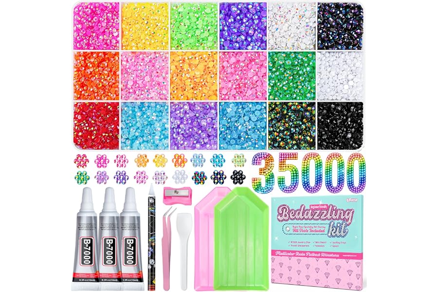 Rhinestones Bedazzling Kit 35000Pcs 18 Essential Colors for Crafts | Multicolor 3mm Flatback Bedazzler Gems Kit with Rhinestones & 3Pcs Glue, Starter Friendly Diamond Art Birthday Gift for Women