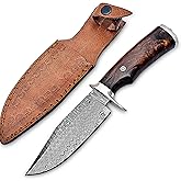 WARIVO KNIFE Handmade D2 Steel Hunting Knife with Leather Sheath – EDC Fixed Blade Bushcraft Tool with Wood Handle – 10” Skinning Blade for Hunting, Skinning, Camping, and Outdoor Use (Damascus)