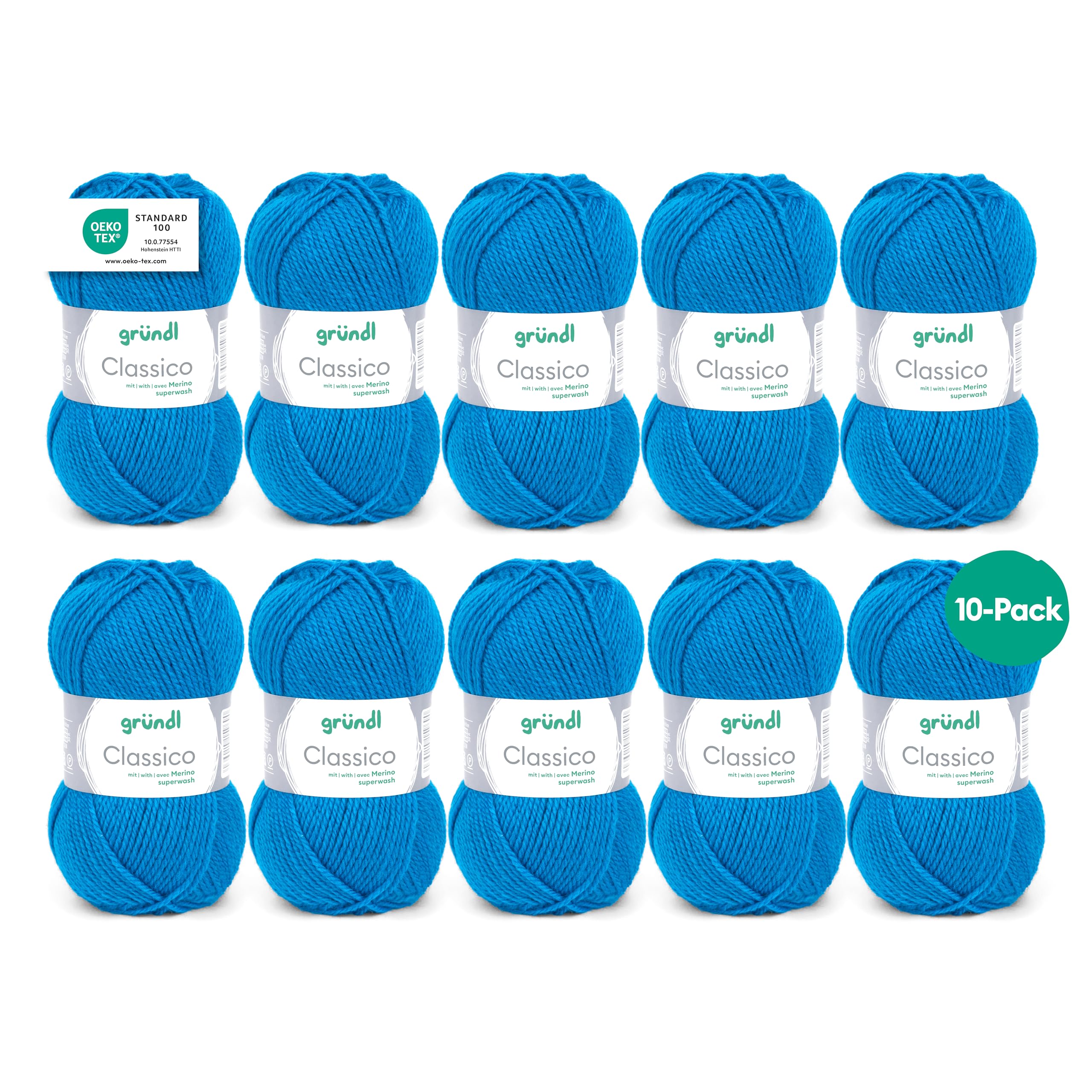 Gründl Classico Value Pack 10 Balls of Hand Knitting Yarn, Virgin Wool (Merino Superwash), 50% Polyacrylic, Gentian Blue, 30 x 32 x 8 cm, 1200