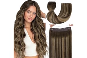 GOO GOO Wire Hair Extensions Human Hair, 4/27/4 Chocolate Brown with Caramel Blonde Balayage 16inch 95g, Invisible Wire Hair Extensions with Transparent, Seamless Fish Line Hairpiece