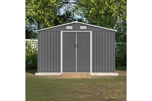 GLANZEND 10x8 FT Metal Outdoor Storage Shed with Floor Foundation & Lockable Doors, All-Weather Sloping Roof Large Tool Shed for Garden Patio, Backyard, Garbage Room, Gray