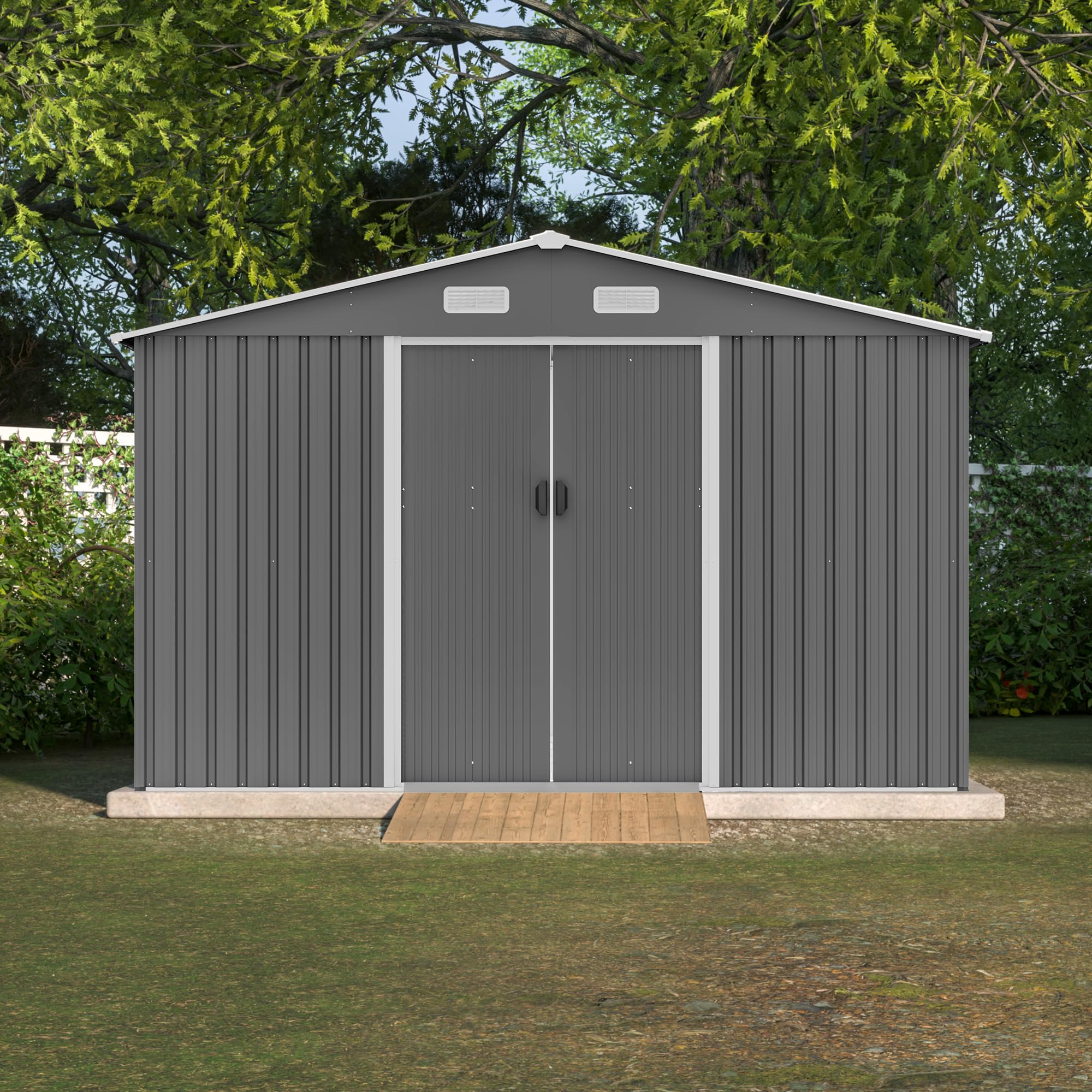 Photo 1 of **INCOMPLETE** GLANZEND 10x8 FT Metal Outdoor Storage Shed with Floor Foundation & Lockable Doors, All-Weather Sloping Roof Large Tool Shed for Garden Patio, Backyard, Garbage Room, Gray