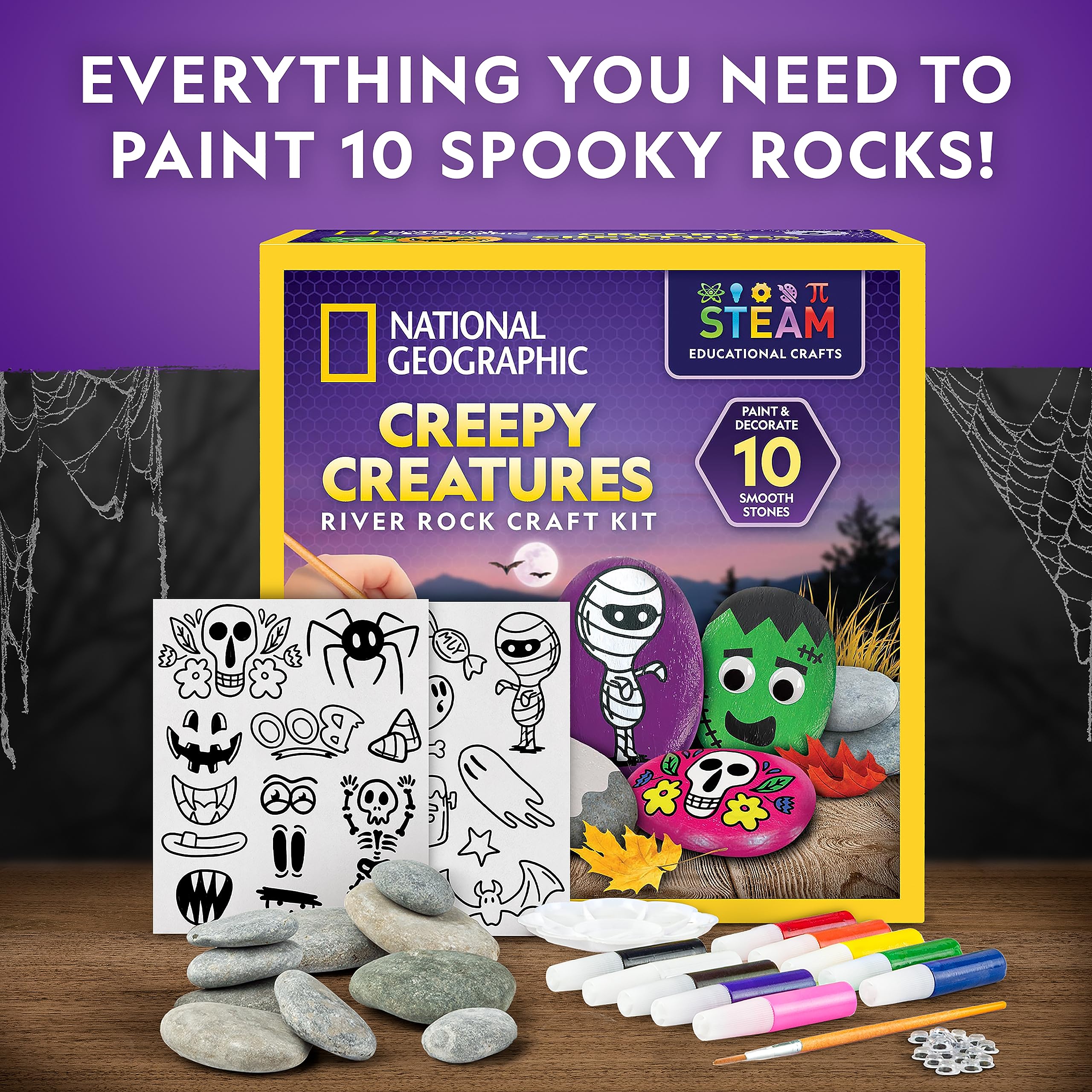 NATIONAL GEOGRAPHIC Creepy Creatures Rock Painting Kit - Halloween Arts & Crafts Kit for Kids, Decorate 10 River Rocks with 10 Paint Colors & More Spooky Art Supplies, Halloween Gifts for Kids
