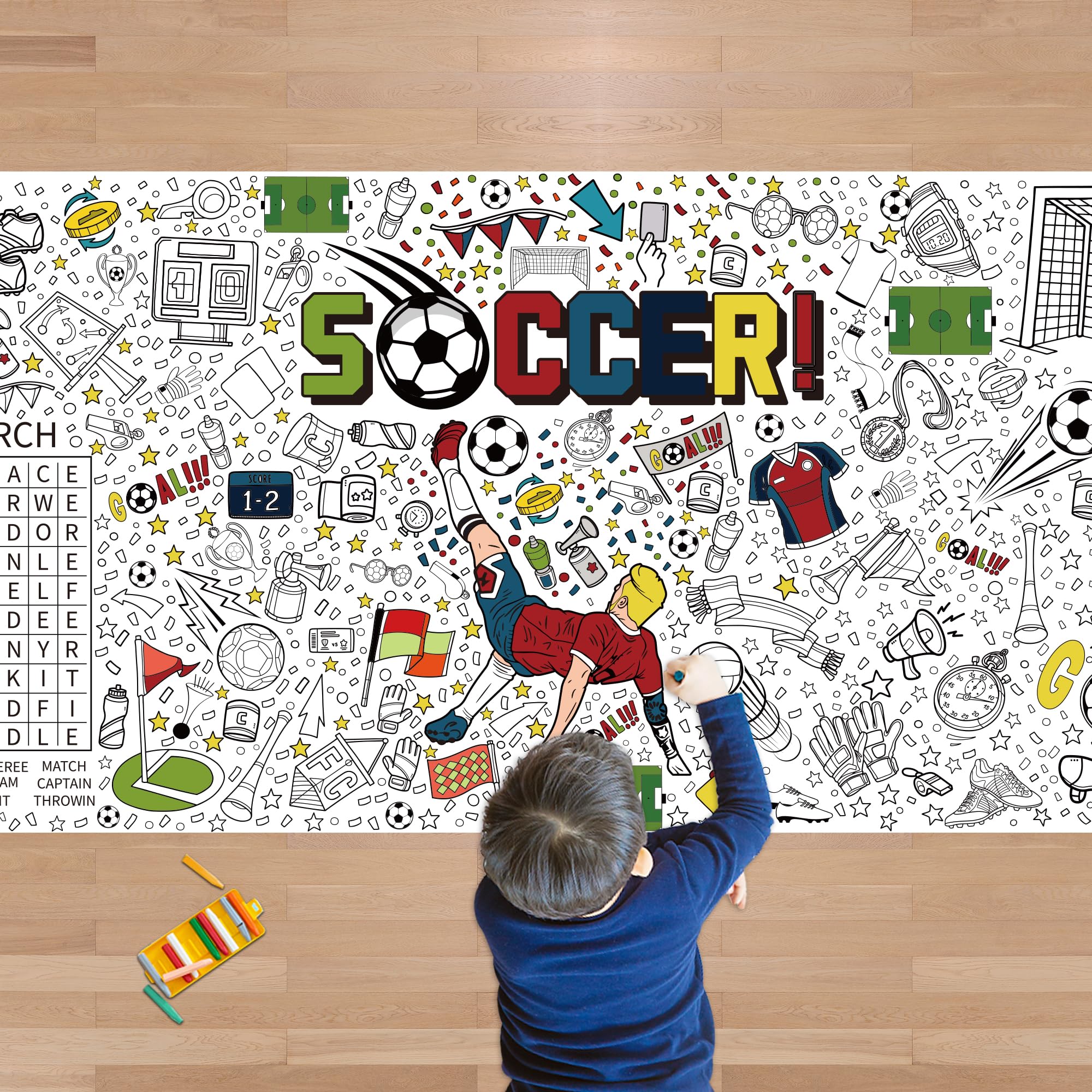 OHOME Soccer Giant Coloring Poster/Tablecloth - Soccer Themed Party Decorations - 30 x 72 Inches Jumbo Coloring Banner Kids Gifts Crafts Activities Decor Party Favors Supplies