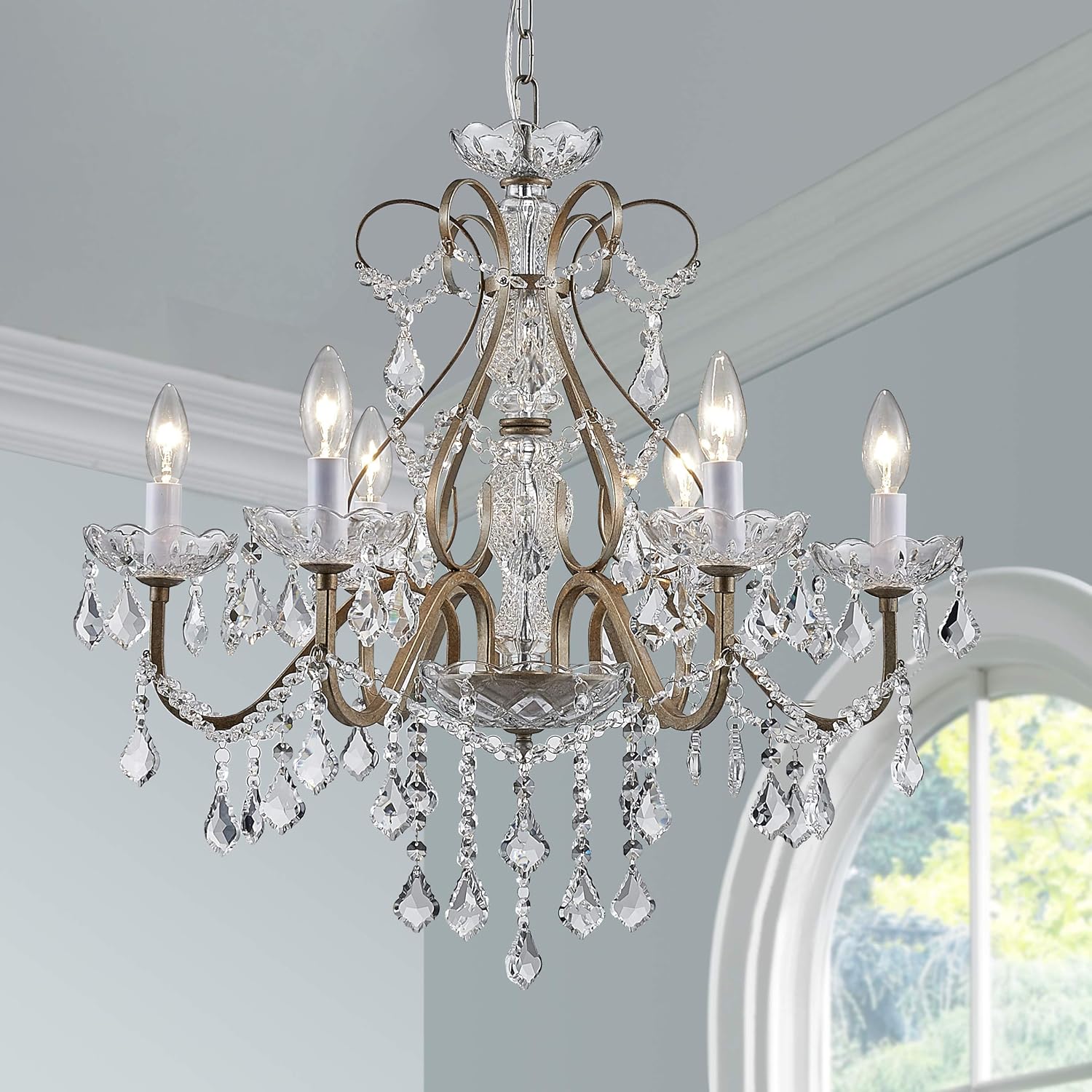 BESTIER Antique Silver Vintage Candle Chandelier Crystal Lighting Fixture Lamp for Dining Room Bathroom Foyer Livingroom 6 E12 Bulbs Required D24 in x H26 in - - 