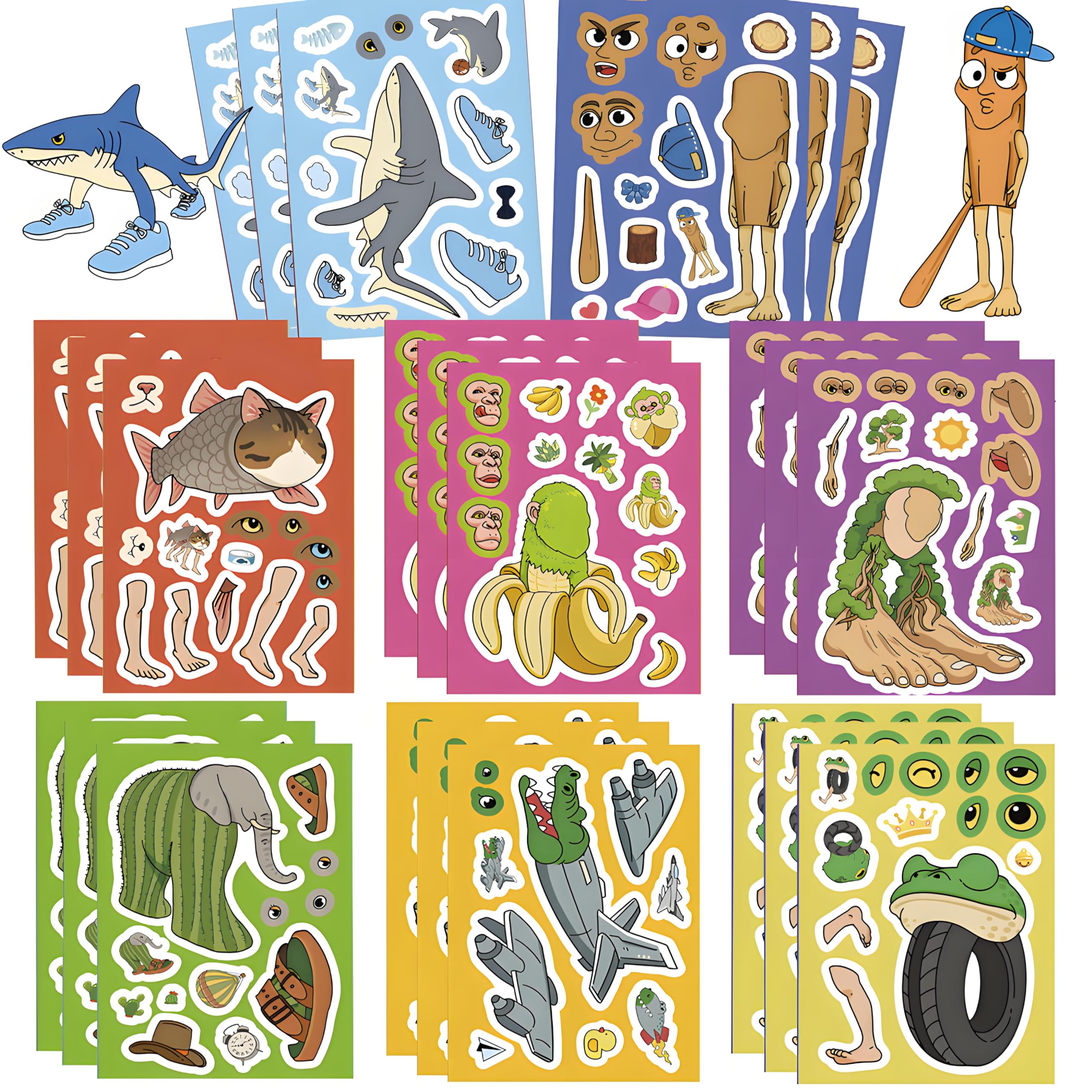 Photo 1 of 24 Sheets Italian Brainrot Make a Face Stickers, Tung Tung Sahur Inspired Animal Stickers Mixed & Matched 8 Designed Characters with Interchangeable Eyes & Mouths for Party Favors, Rewards,Craft