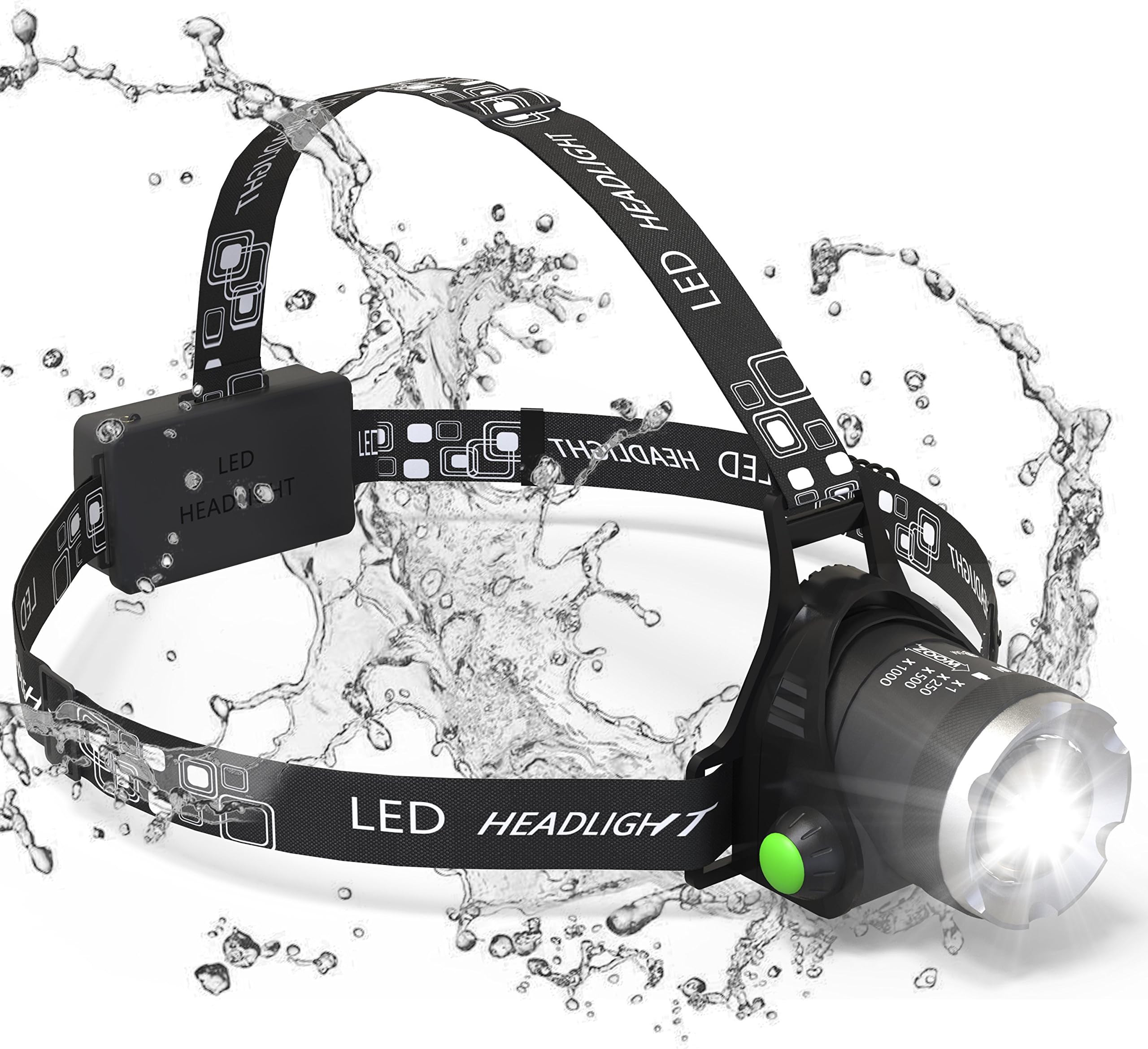 Headlamp, Sungluber 3 Modes Super Bright LED Headlight, Waterproof Flashlight with 90º Moving Zoomable 2Pack Rechargeable 18650 Battery Adjustable Headband