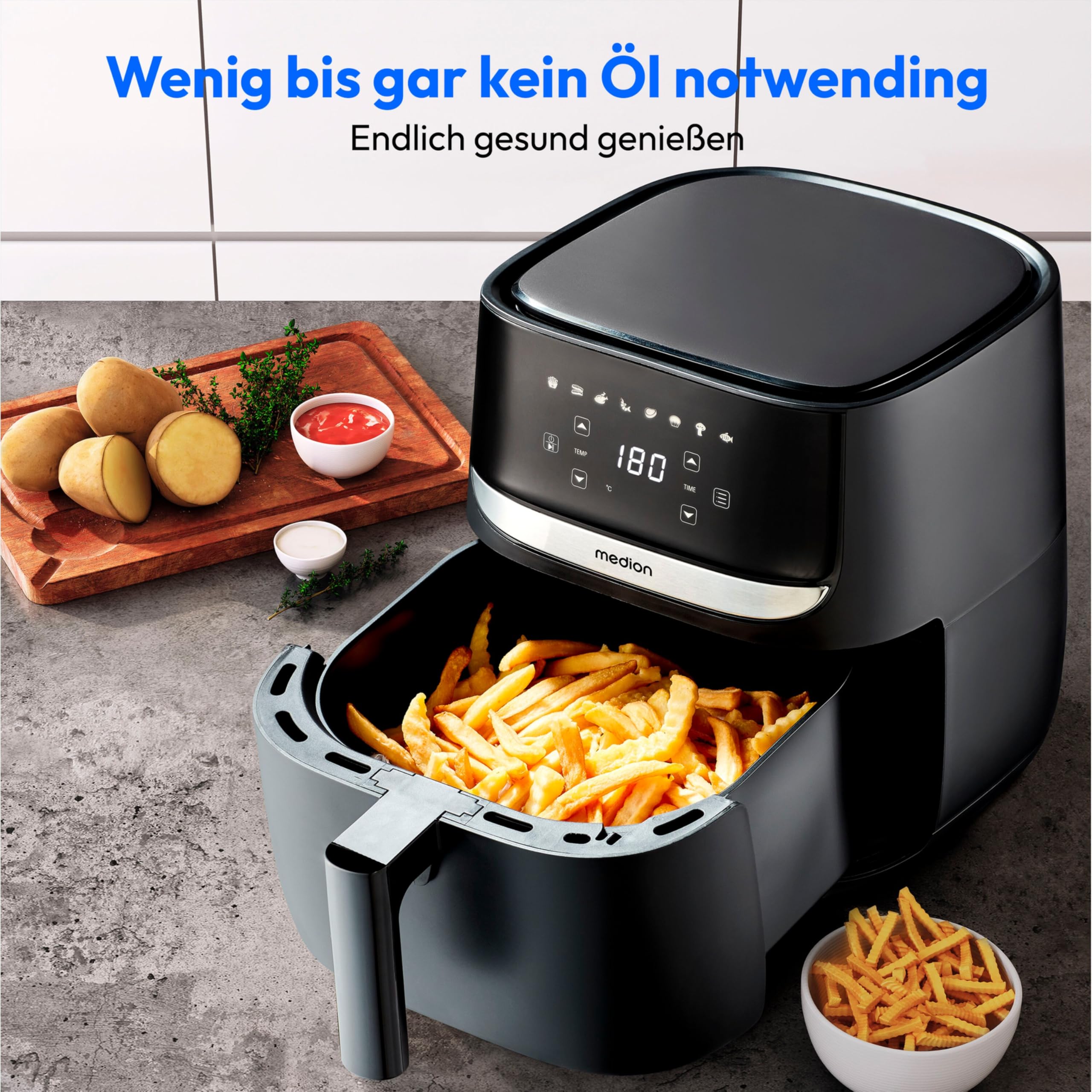 MEDION E50 XL Heißluftfritteuse (5,7 Liter, Airfryer, ca. 1700 Watt, Digitales Bedienfeld, 8 Automatikprogramme, ölfreies Frittieren, 30 Min Timer, Überhitzungsschutz, MD10532) 4