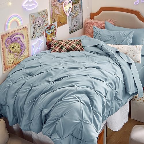 Bedsure Twin XL Comforter Set Extra Long Pieces Dorm Bedding Sets,  Pinch Pleat Light Blue Bed in a Bag with Comforter, Sheets, Pillowcase  Sham