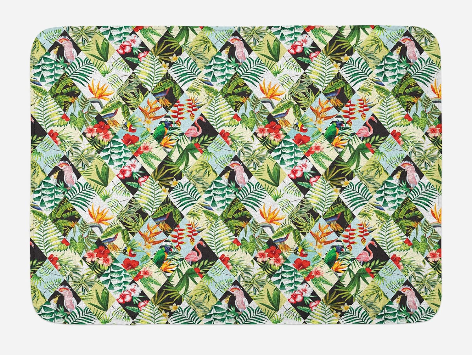 Amazon Com Lunarable Parrots Bath Mat Patchwork Pattern Jungle Themed Illustration With Palm Leaves And Animal Design Plush Bathroom Decor Mat With Non Slip Backing 29 5 X 17 5 Multicolor Kitchen Dining