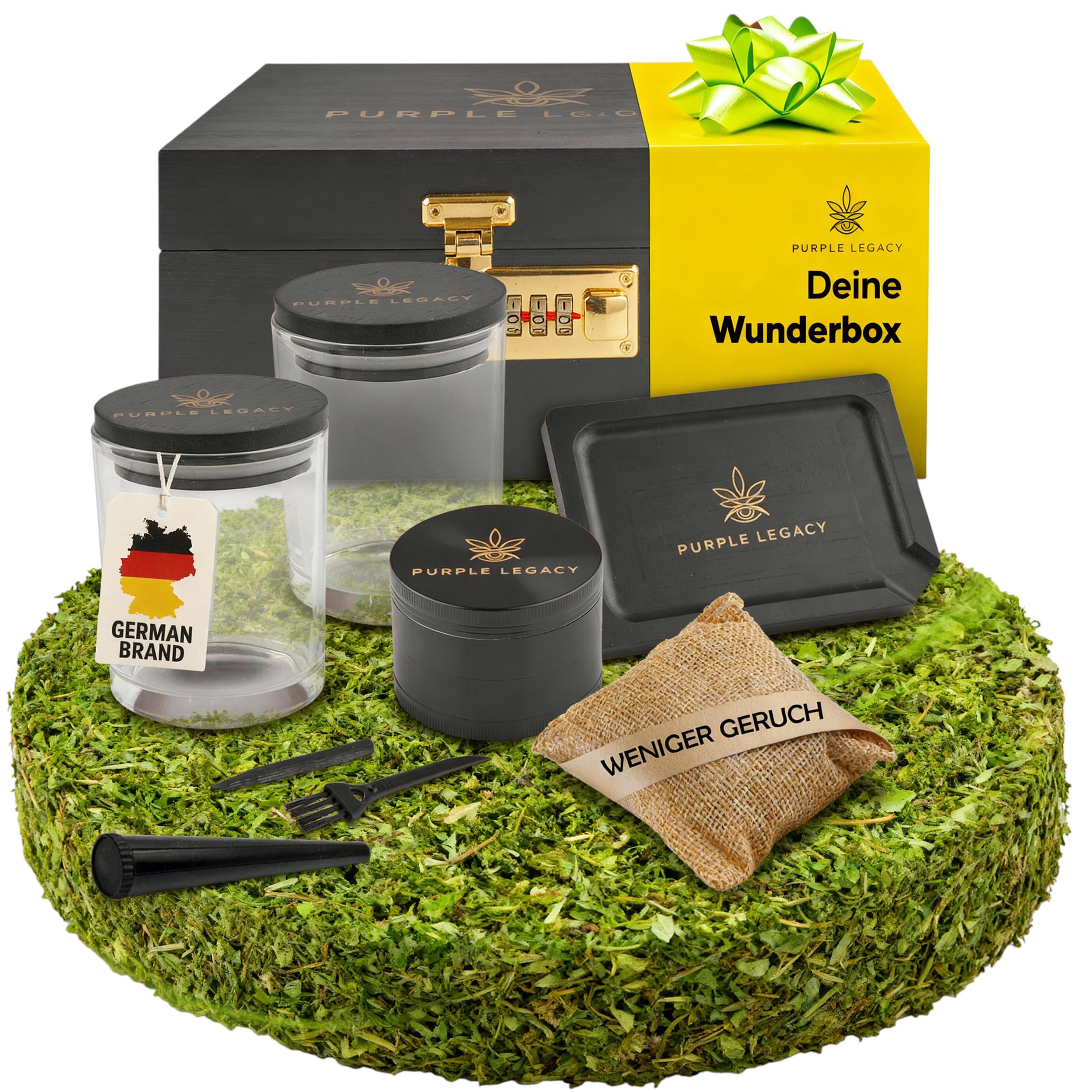 PURPLE LEGACY® Pine Wood Rustic Storage Box with Accessories, 26 x 18.85 x 11.7 cm, Lockable, Grinder Set, 2 Glasses, Rolling Tray, Odour Absorbing Cushion, Cleaning Utensils