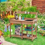 Yaheetech Garden Potting Table Wood Potting Bench Removable Sink Brown view 2