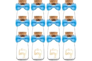 Ethisa Vintage 12 Pack It's a Boy Milk Glass Bottles with Ribbons and Stickers - Classy Baby Shower Favors for Guests and Table Centerpieces - Gender Reveal Boy Decorations - Baby Shower Candy Jar