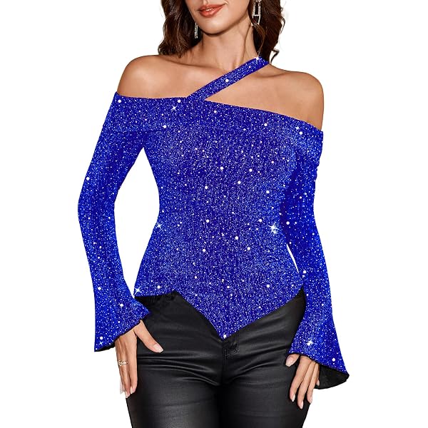 SOLY HUX Women’s Cold Shoulder V Neck Short Sleeve T-Shirt – Contrast Sequin Top, Stretchy Casual Tee For Summer & Going Out - View #13