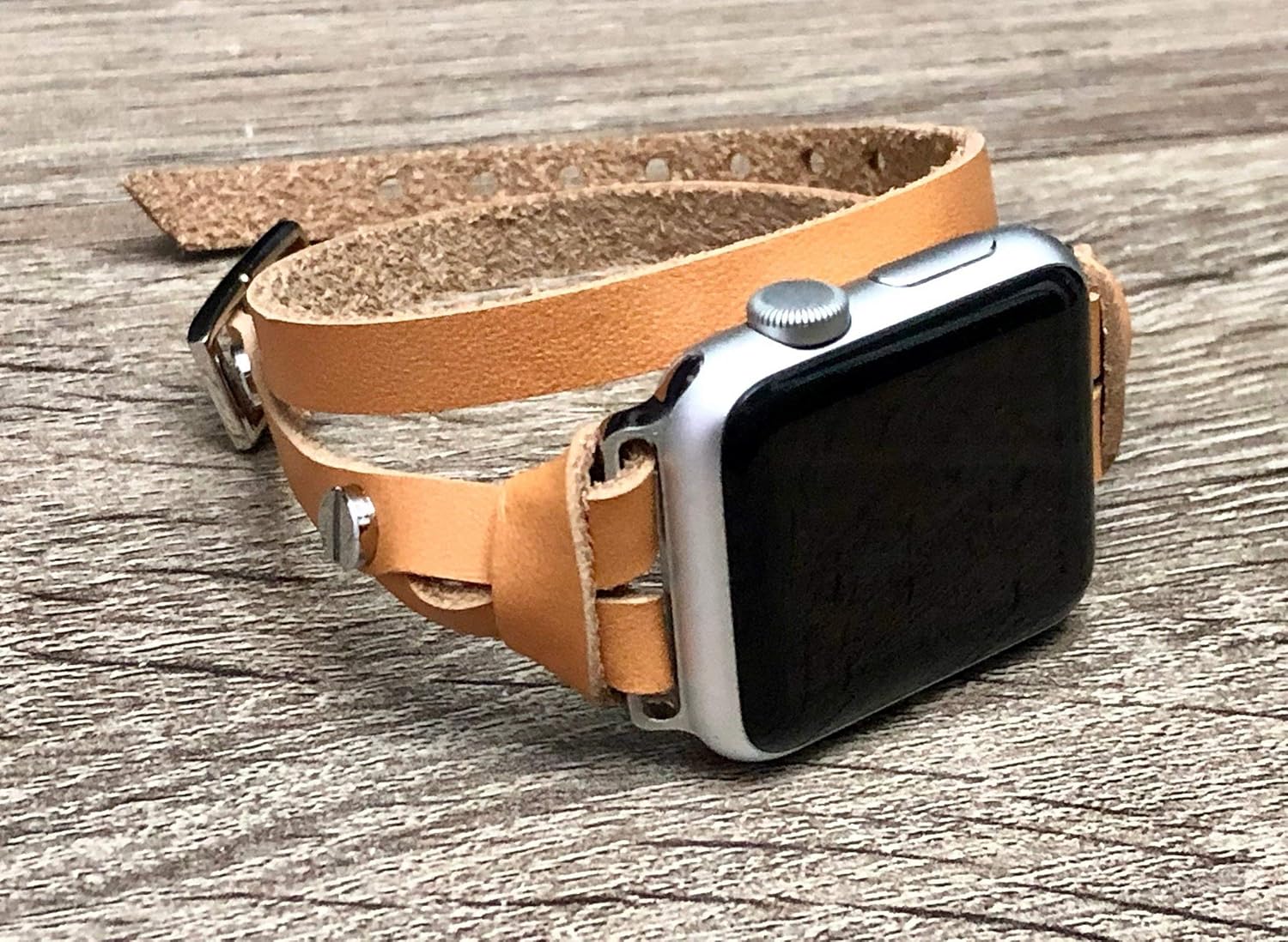 Silver Jewelry & Tan Leather Bracelet for Apple Watch 38mm