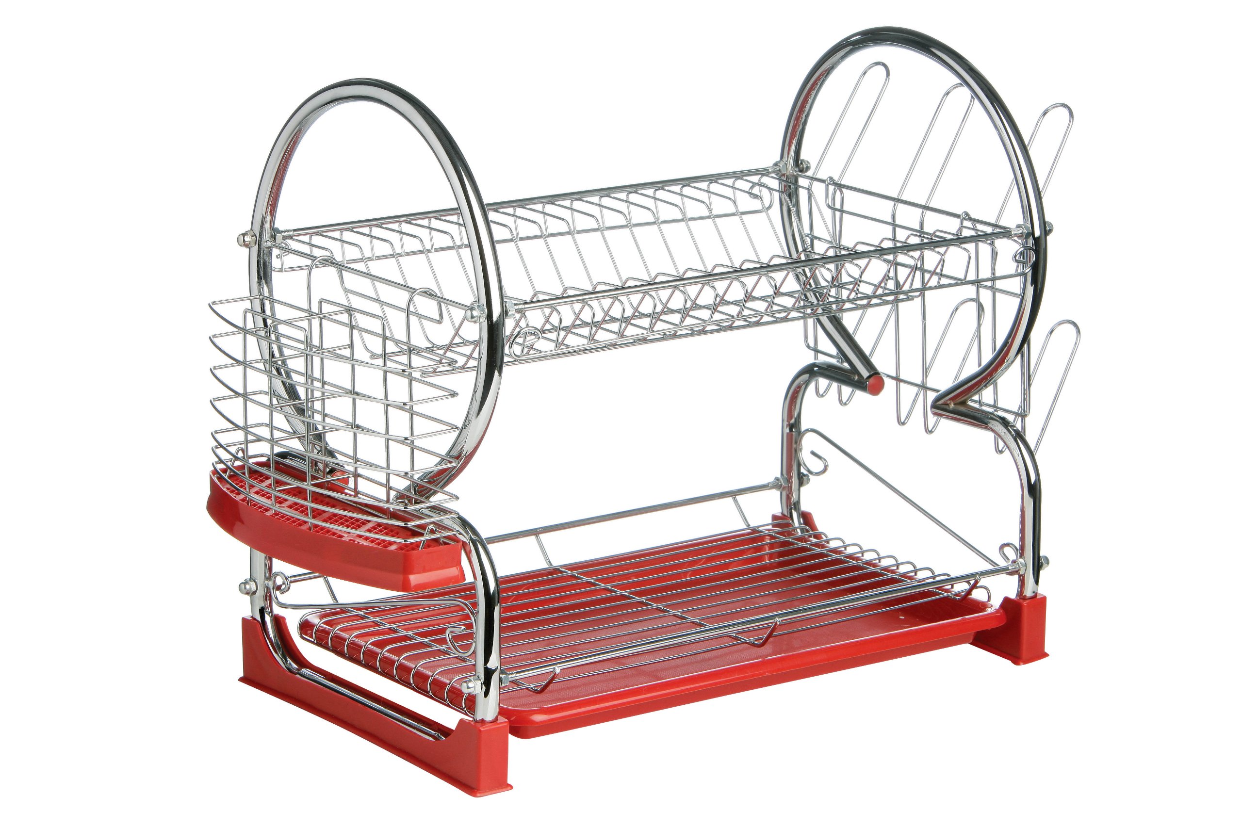 Premier Housewares 2 Tier Dish Drainer, Dish Rack with Drip Tray, Sink Caddy - Chrome/Red