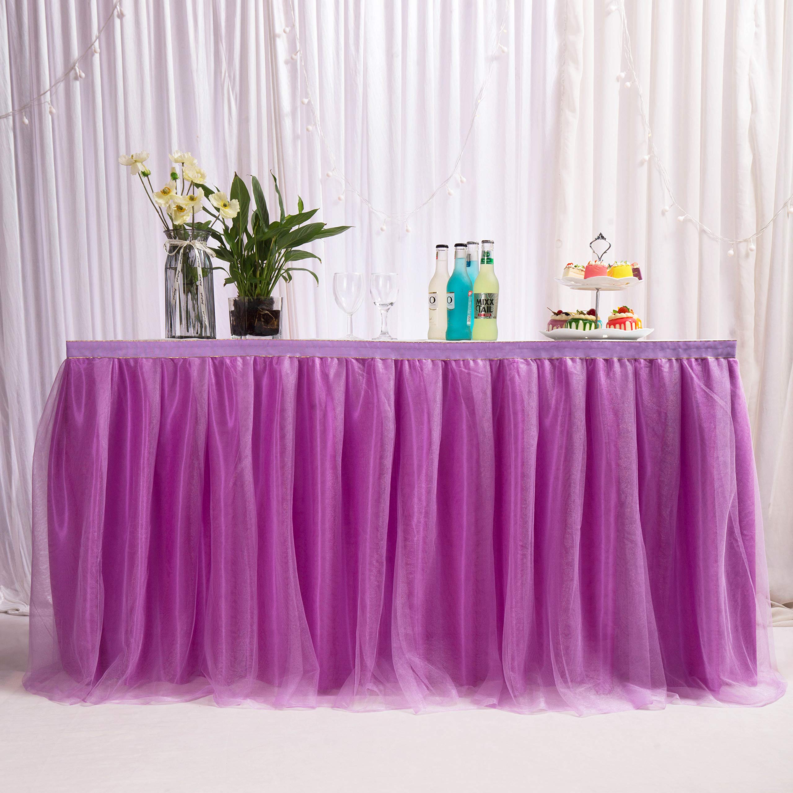 14ft / 426cm Purple Table Skirt, Romantic Tulle desk gauze, Table Decoration, Snowflake Wonderland Tutu Table Cloth, for Baby Shower, Wedding, Birthday, Party, Bar, Prom, Valentine's Day Christmas