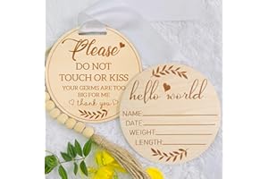 HD WOOD CRAFT Hello World Newborn Sign and Please Do Not Touch or Kiss Baby Sign 2Pcs, 5.9 inch Wooden Baby Name Announcement Sign, Baby Birth Wooden Sign, Please Do Not Touch Baby Wooden Sign for Newborn Baby