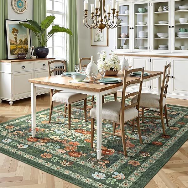 DEERLY GREEN BOHO FLORAL RUG 6X9 VINTAGE BOHO WASHABLE NON-SLIP LIVING ROOM CARPET SOFT LOW PILE THIN BEDROOM FLOOR MAT INDOOR FOR DINING ROOM PLAYROOM NURSERY FARMHOUSE, GREEN/MULTI