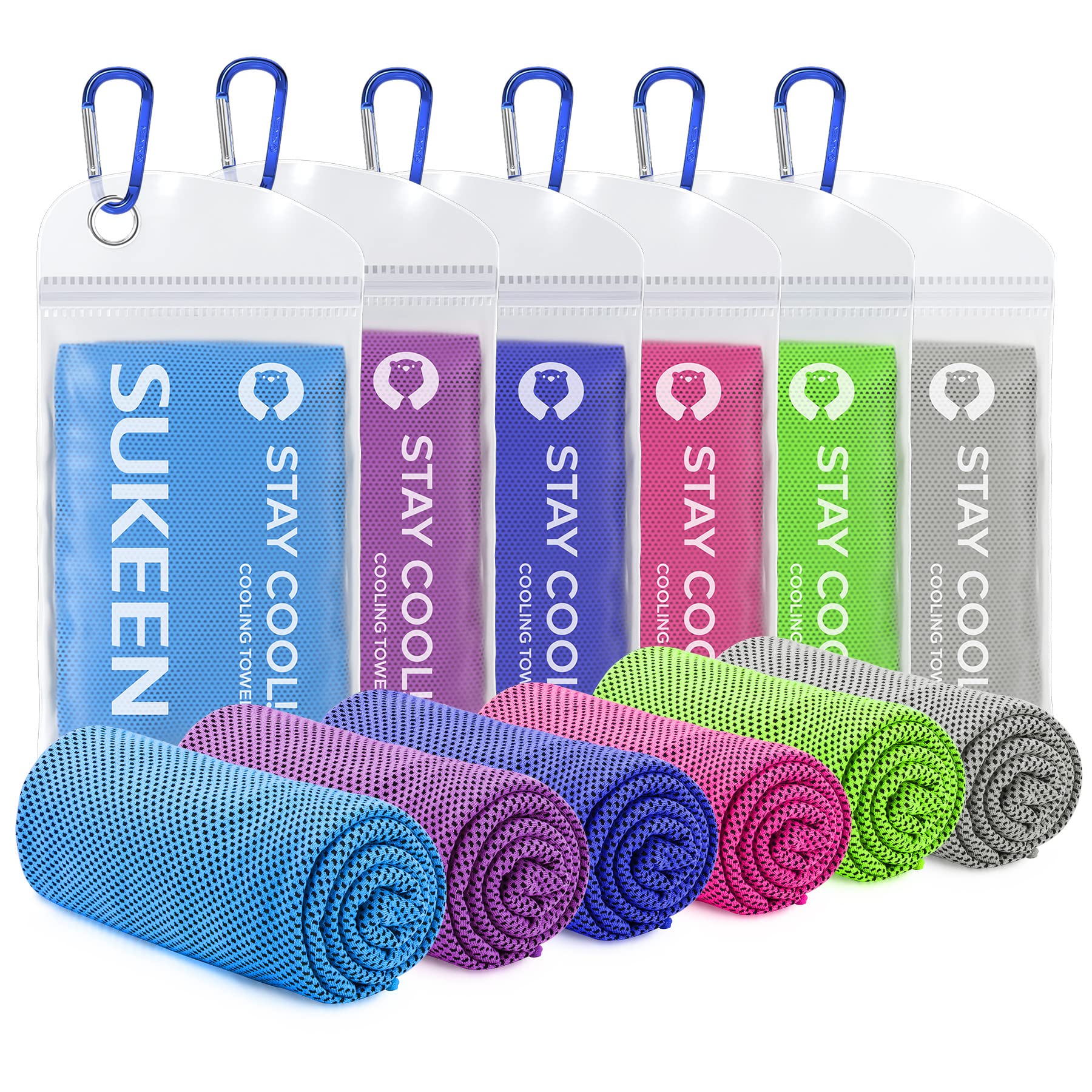 Sukeen 6 Pack Cooling Towels (40"x12"), Microfiber, Multicolor (Blue, Purple, Dark Blue, Pink, Green, Grey), Sports & Exercise, Fever Relief