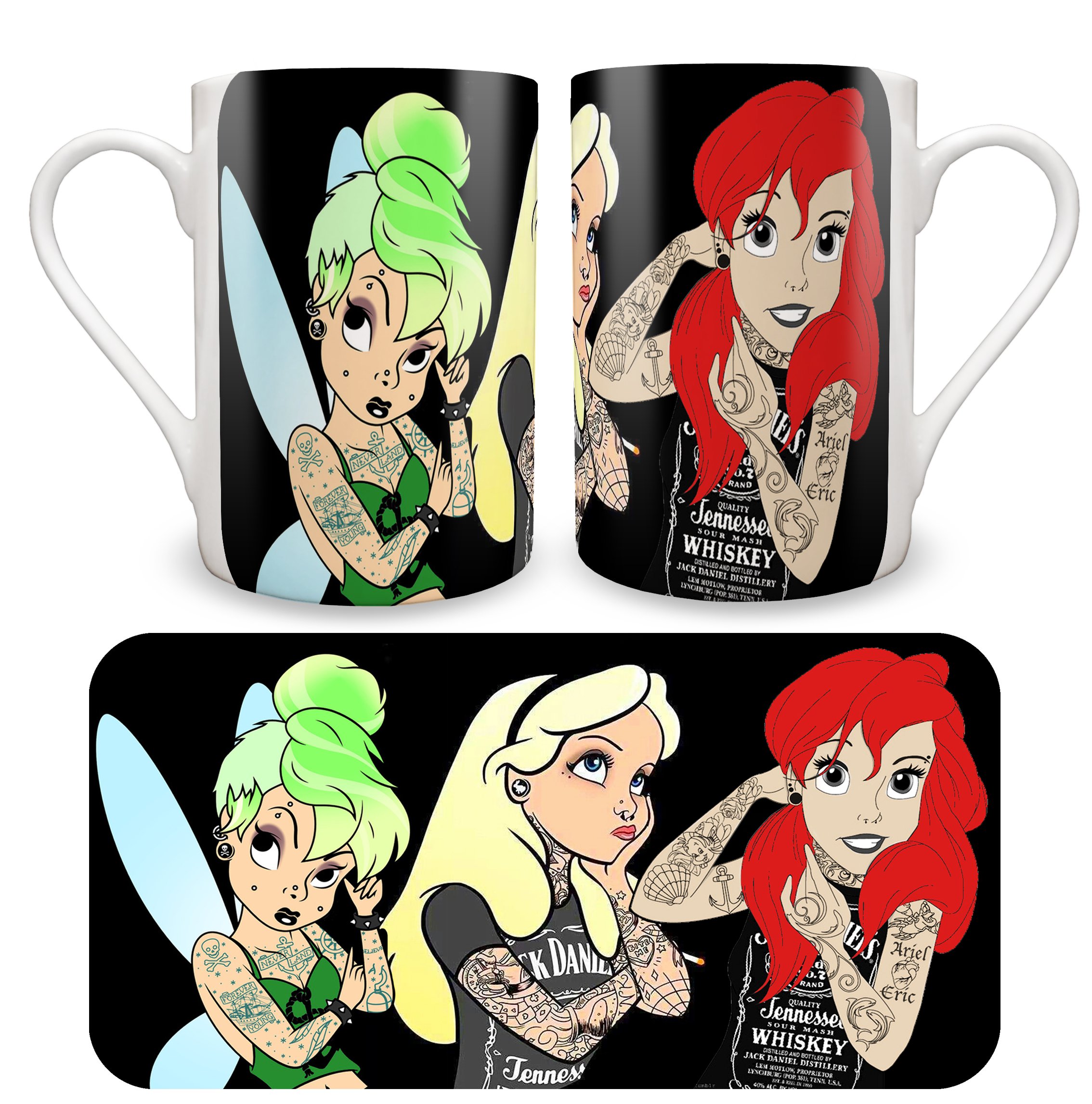 Lopo Bone China Mug. Tattooed Princess Inspired Design. Tink, Alice and Ariel