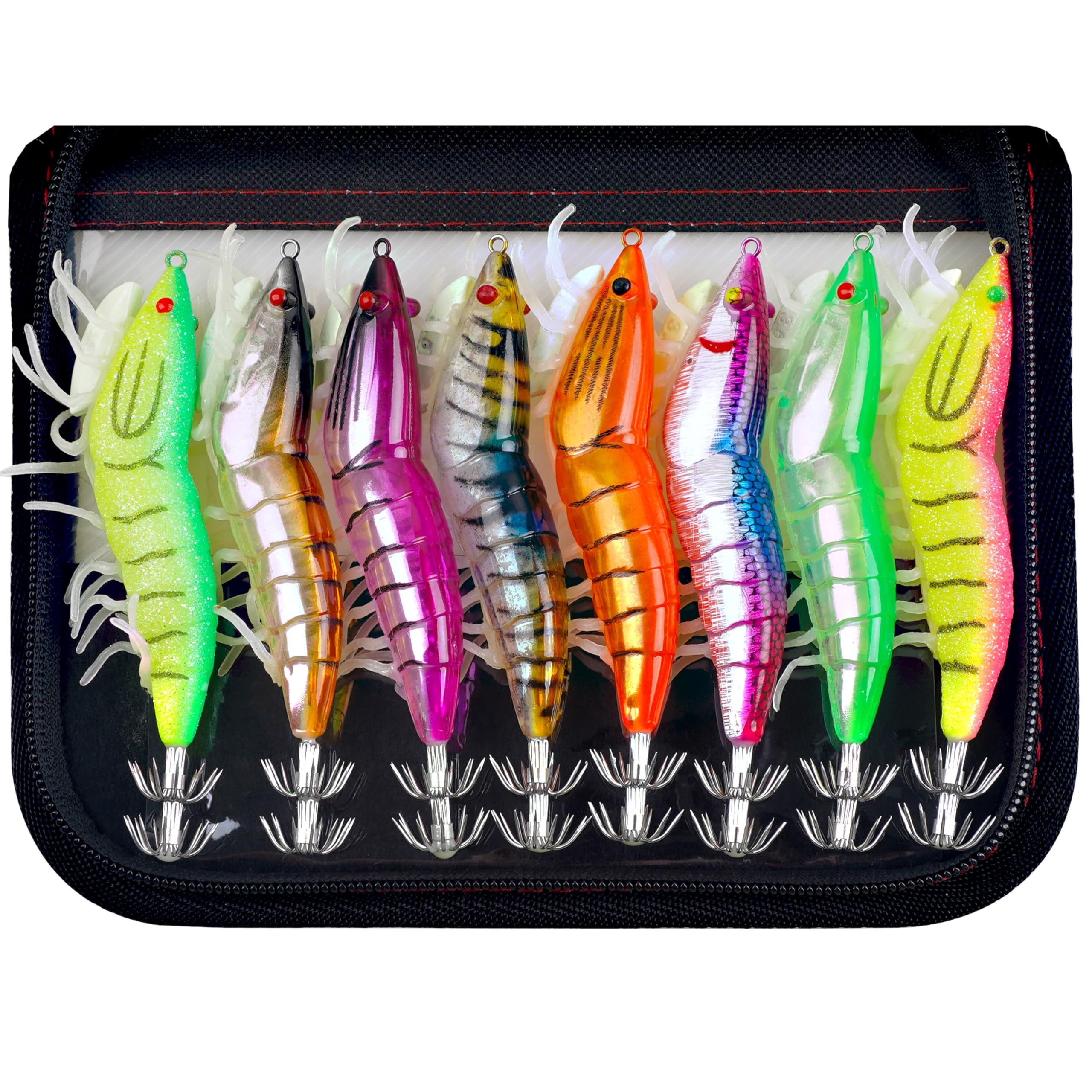 Luminous Artificial Shrimp Squid Jigs Fishing Jig Lure 8PCS Saltwater Fishing Bait Set, Glow Fish Jigs Set Shrimp Prawn Lures Kits Fluorescent Cuttlefish Jig with Storage Bag