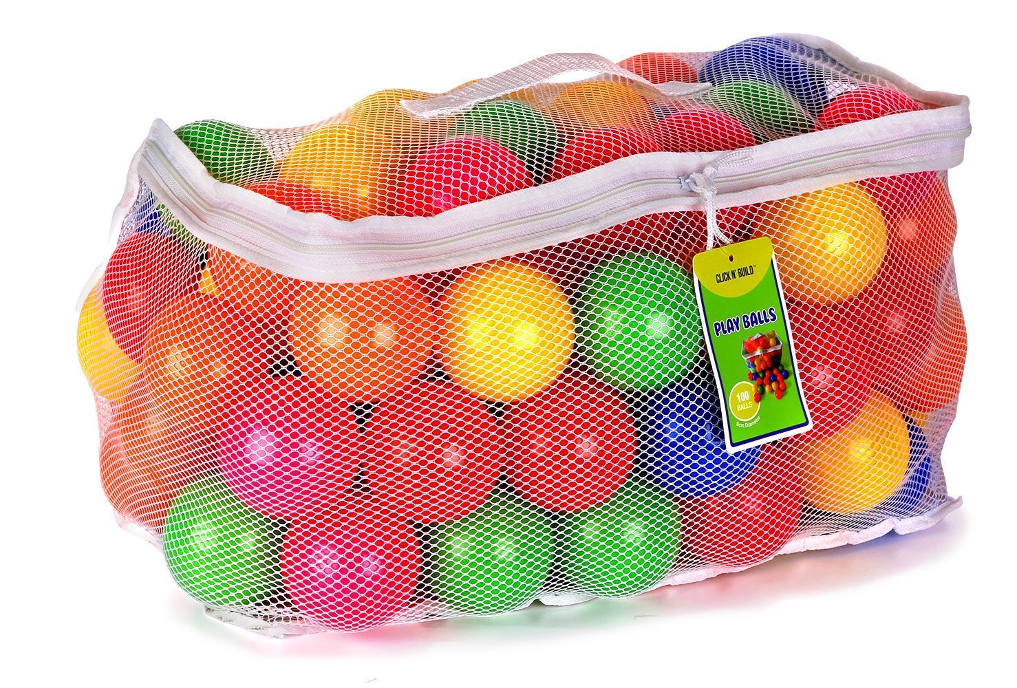 Click N' Play Pack of 100 Phthalate Free BPA Free Crush Proof Plastic Ball, Pit Balls - 6 Bright Colors in Reusable and Durable Storage Mesh Bag with Zipper