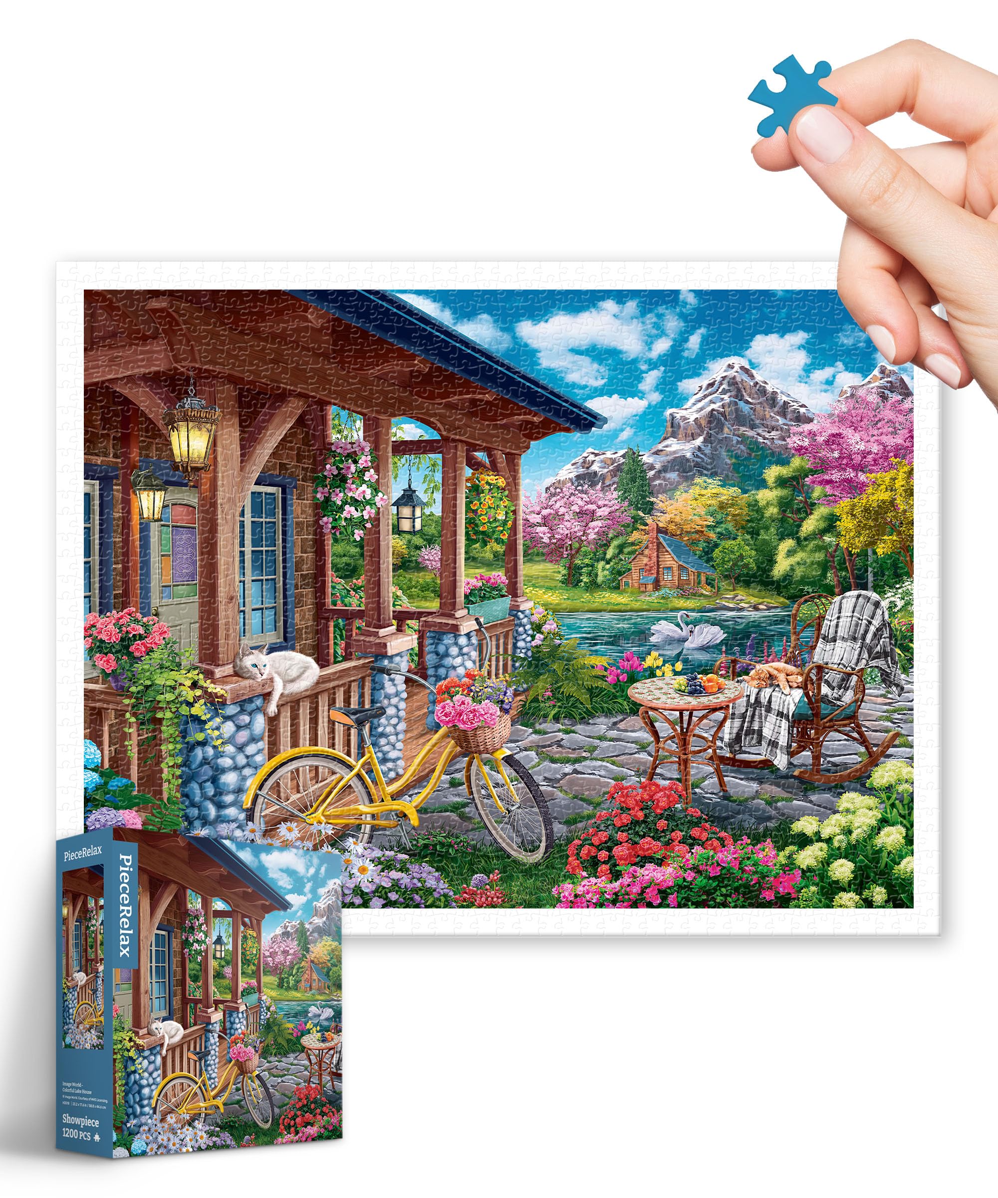 PieceRelax Plastic Jigsaw Puzzles for Adults 1200 Pieces - Image World - Colorful Lake House Most Satisfying Table Games and Gifts No Puzzle Mat Required Extra Small Pieces [H3518]