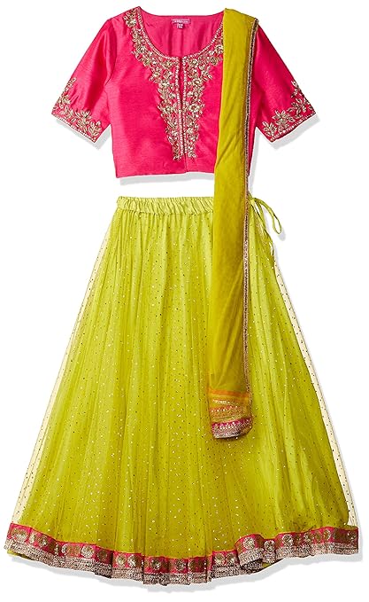 Girl's synthetic Salwar Suit Set (123292_ FUSCHIA/LIME GREEN_ 11)