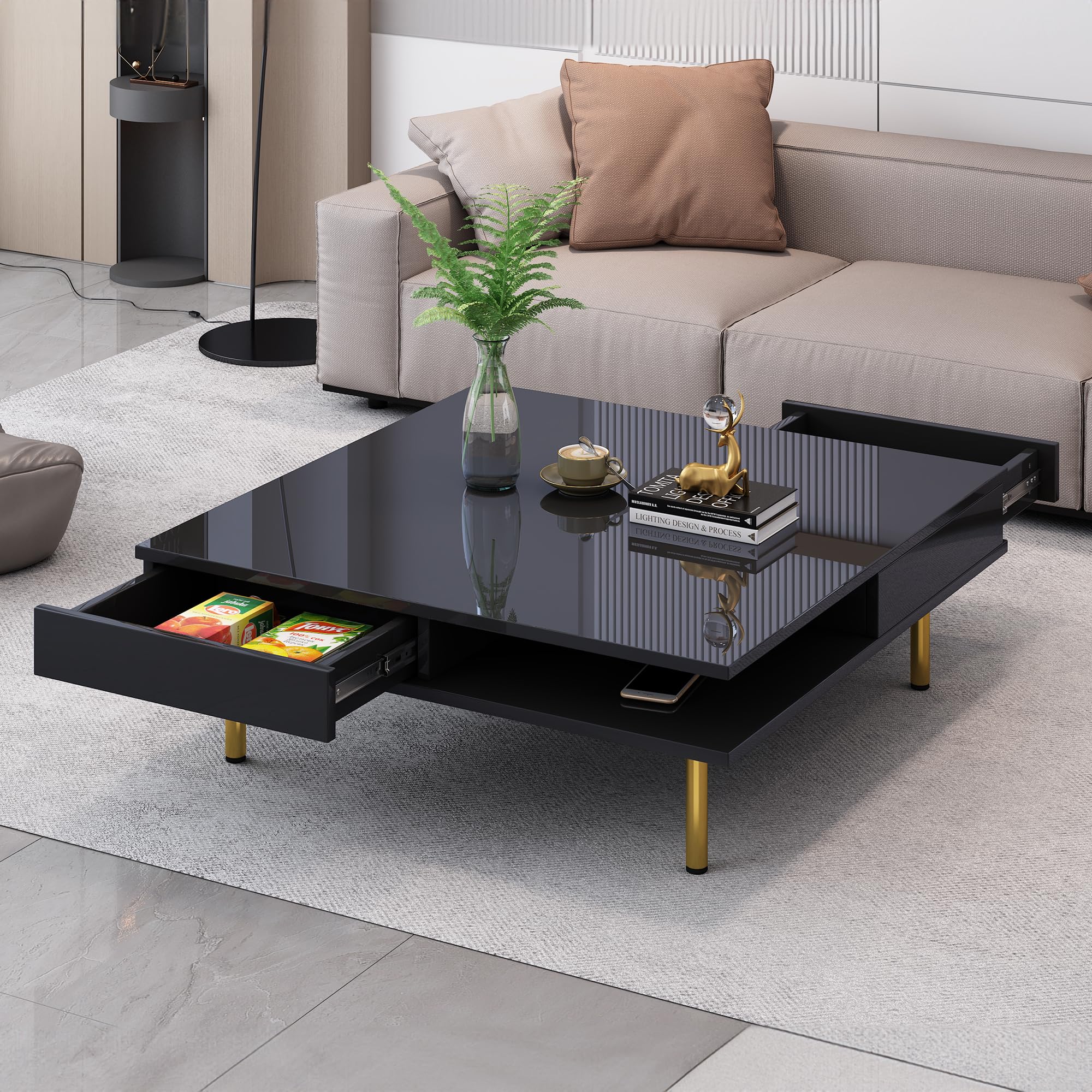 Photo 1 of LostCat 33 Inch Square Coffee Table, High Gloss Center Table with 4 Golden Legs and 2 Small Drawers, Modern Coffee Tables for Living Room, Small Space, Black