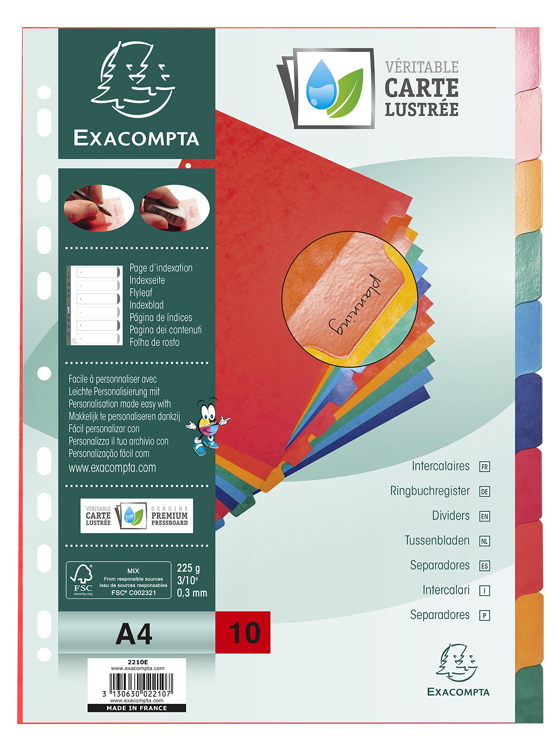 Exacompta - Ref 2210E - Nature Future Dividers - Suitable for A4 Documents, Pre-Punched, 225gsm Genuine Pressboard, 10-Part Dividers, FSC-Certified - Multi-Coloured
