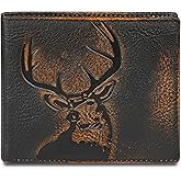 DK86 Deer Bifold Wallet for Men RFID Blocking Full Grain Leather With Hand Burnished Extra Capacity Multiple Card Slots with 2 ID Windows (black orange with deer)