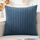 UGASA Velvet 24x24 Inch Soft Throw Pillow Cover Boho Farmhouse Decorative Corduroy Striped Both Sides Solid Square Cushion Case for Couch Bedroom Sofa Home, 1 Piece, Dusty Blue