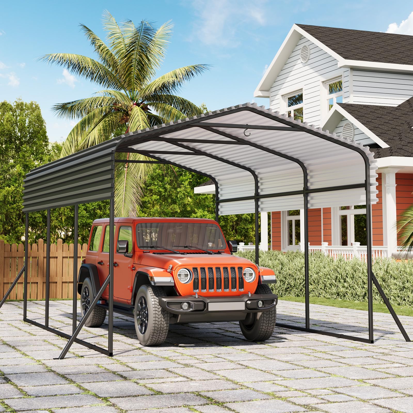 Photo 1 of GarveeTech Metal Carport, 10x15 FT Outdoor Carport Canopy with Reinforced Base and Galvanized Steel Roof, Heavy Duty Garage Car Shelter Shade for SUV, Truck, Boats
