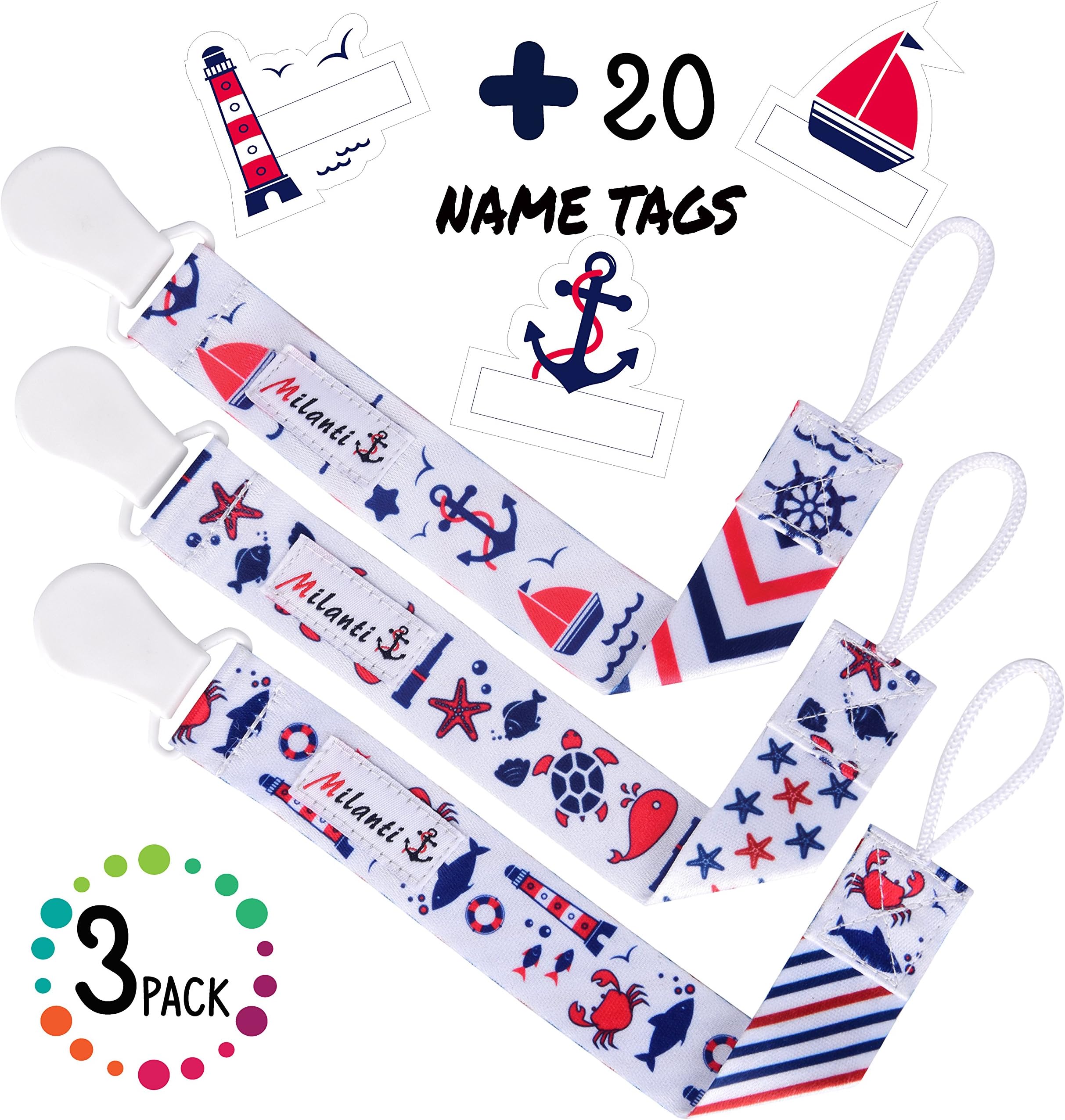 Pacifier Clip for Boys, Pack of 3 by Milanti + 20 Name Tags Labels, Premium Quality Fun Designs Universal Holder Leash for Pacifiers, Teething Toy or Soothie, Baby Shower Gift Set