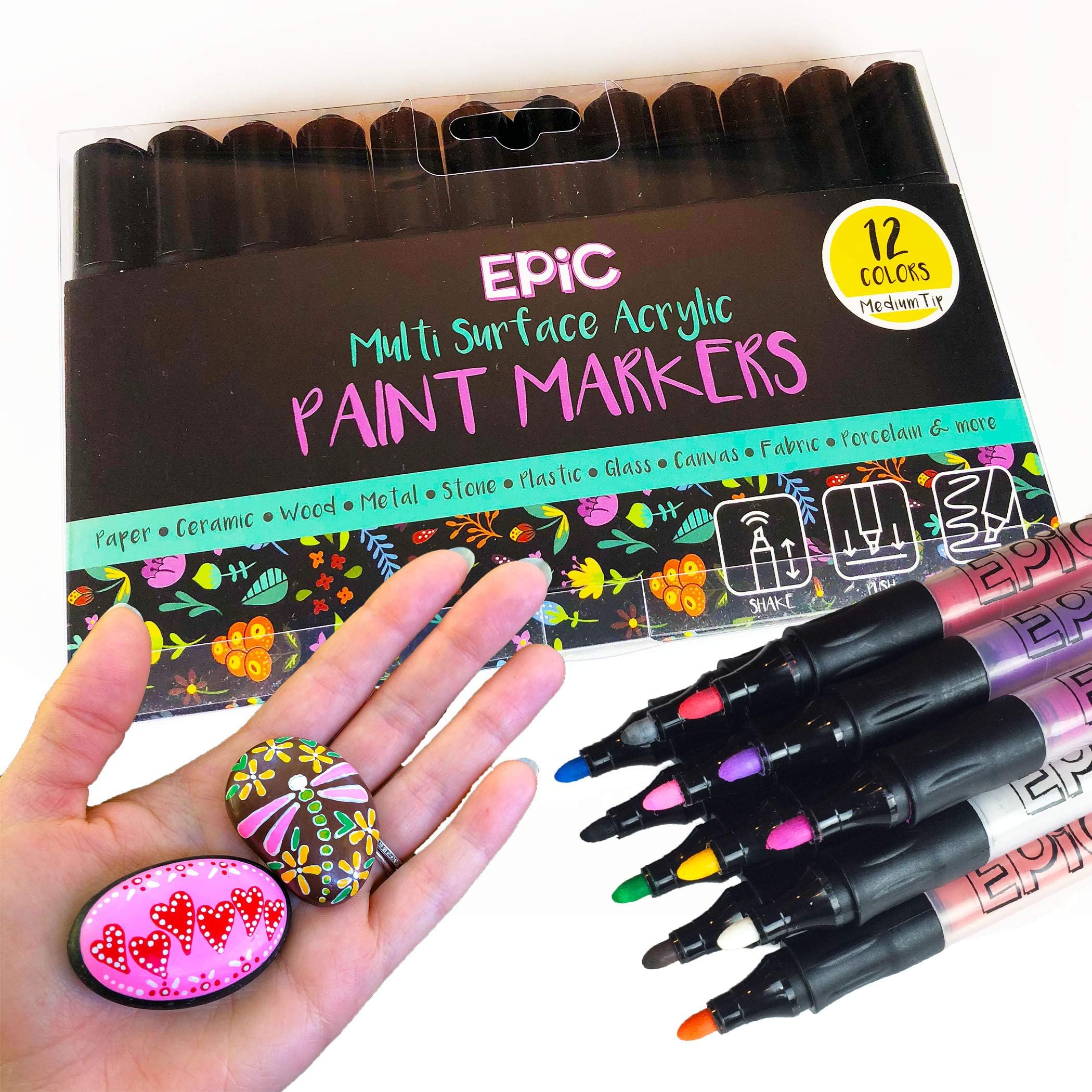 EPIC - Opaque Acrylic Paint Markers - Set of 12 - For Painting Rocks, Pumpkins, Ceramic, Porcelain, Wood, Fabric, Canvas - Medium tip - Permanent Water Based Paint Pens
