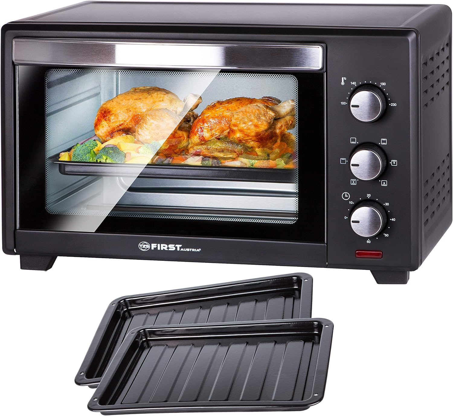 TZS First Austria - 35 Liter, 1600 Watt Minibackofen mit Innenbeleuchtung und Umluft Mini Pizza-Ofen, Doppelglastür, Timer | Mini Backofen | Pizzaofen | herausnehmbares Krümelblech Garraumbeleuchtung