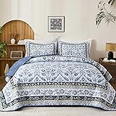 DJY Queen Size Quilt Sets, Navy Blue Floral Quilt Set Queen 3 Pieces Boho Bedspread Coverlet Set with 2 Pillowcases Soft Lightweight Microfiber Bedding for All Season (96"x90")