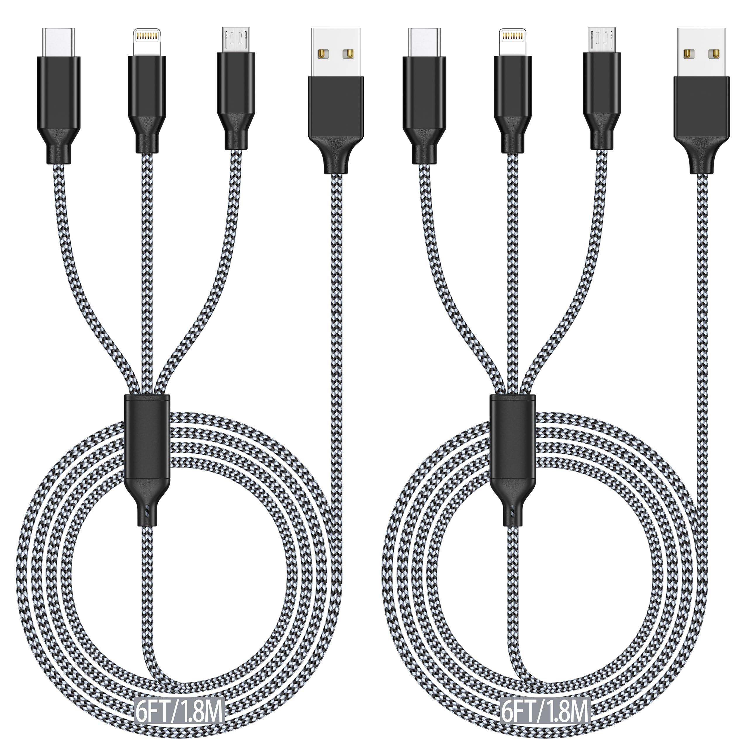 Multi Charging Cable (6ft 2Pack), 3 in 1 Charging Cable Travel Essentials for iPhone Charger Nylon Braided Cord with Type C Micro Lightning USB C for Apple Android Phone