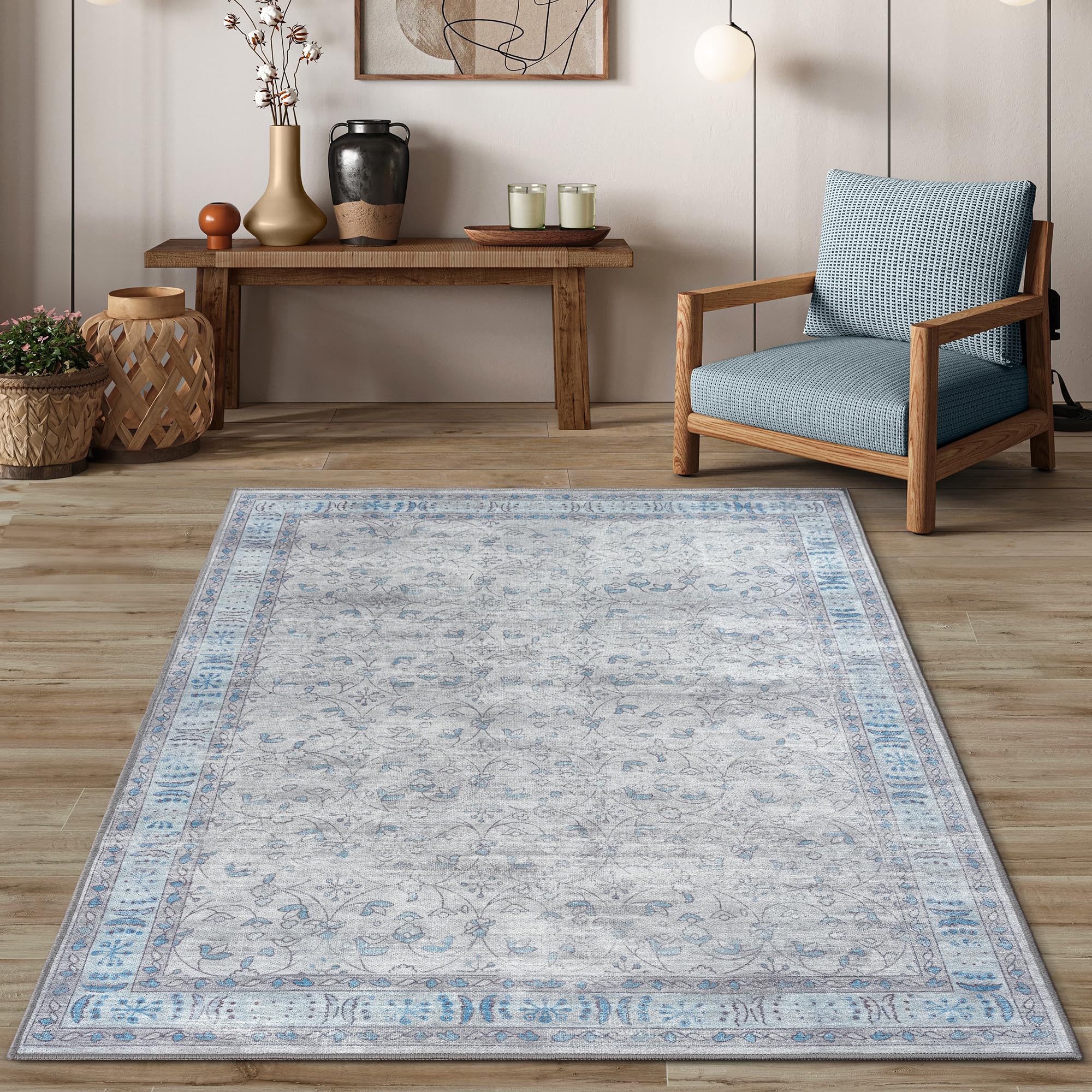 Photo 1 of Gray Oushak Large Area Rug 8x10. Washable Boho Rug Vintage Turkish Non-Slip Carpet Non-Shedding Floral Pastel Foldable Extra Large Area Rugs for Living Room. Dining. Bedroom. Lounge. Farmhouse