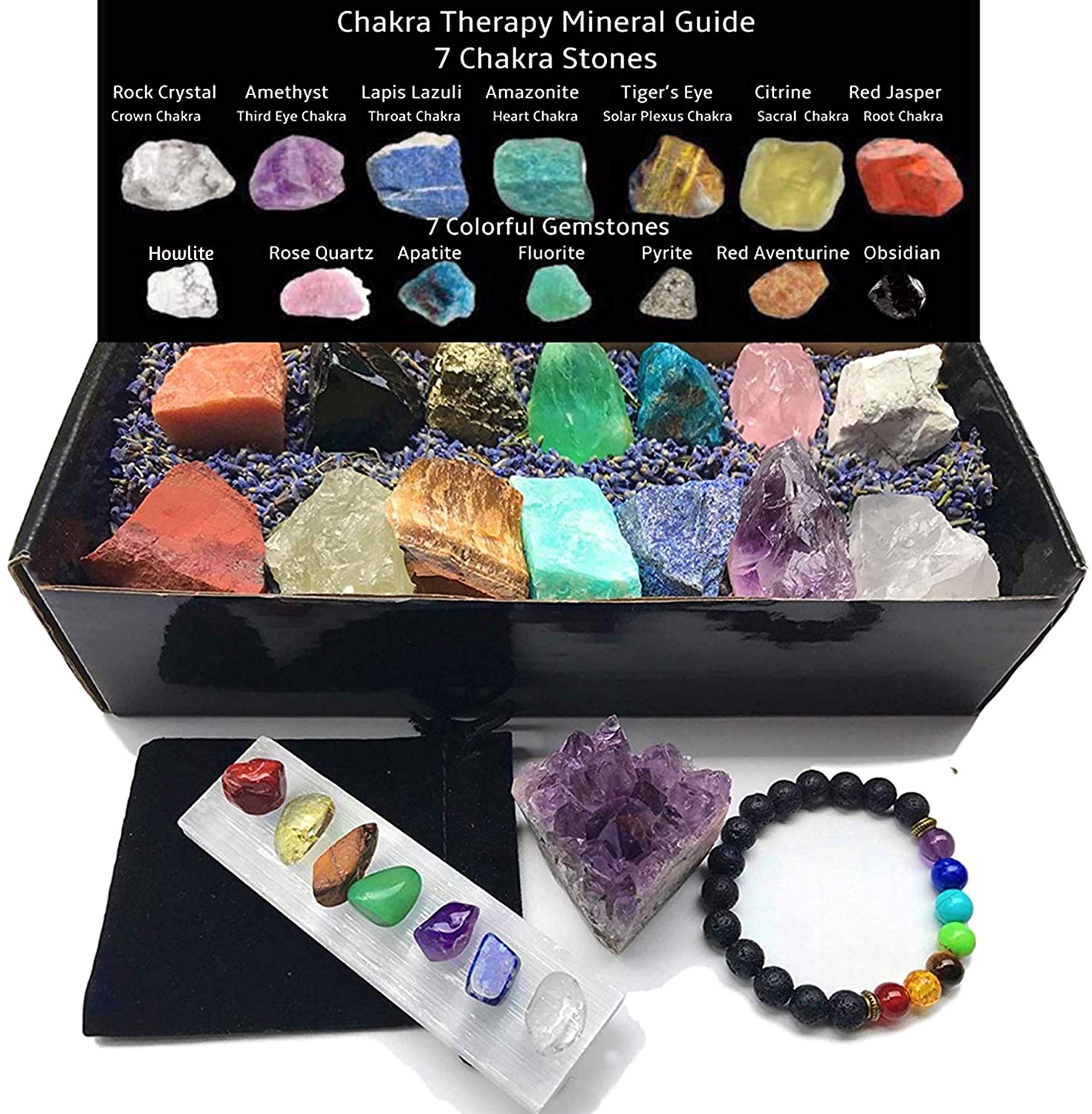 Chakra Therapy Plus Collection 24 pcs Healing Crystals kit,7 Raw Chakra Stones,7 Colorful Gems,7 Mini Tumbled Chakra Stones,Amethyst,Chakra Lava Bracelet,Selenite Charging Plate,Lavender,Guide,COA