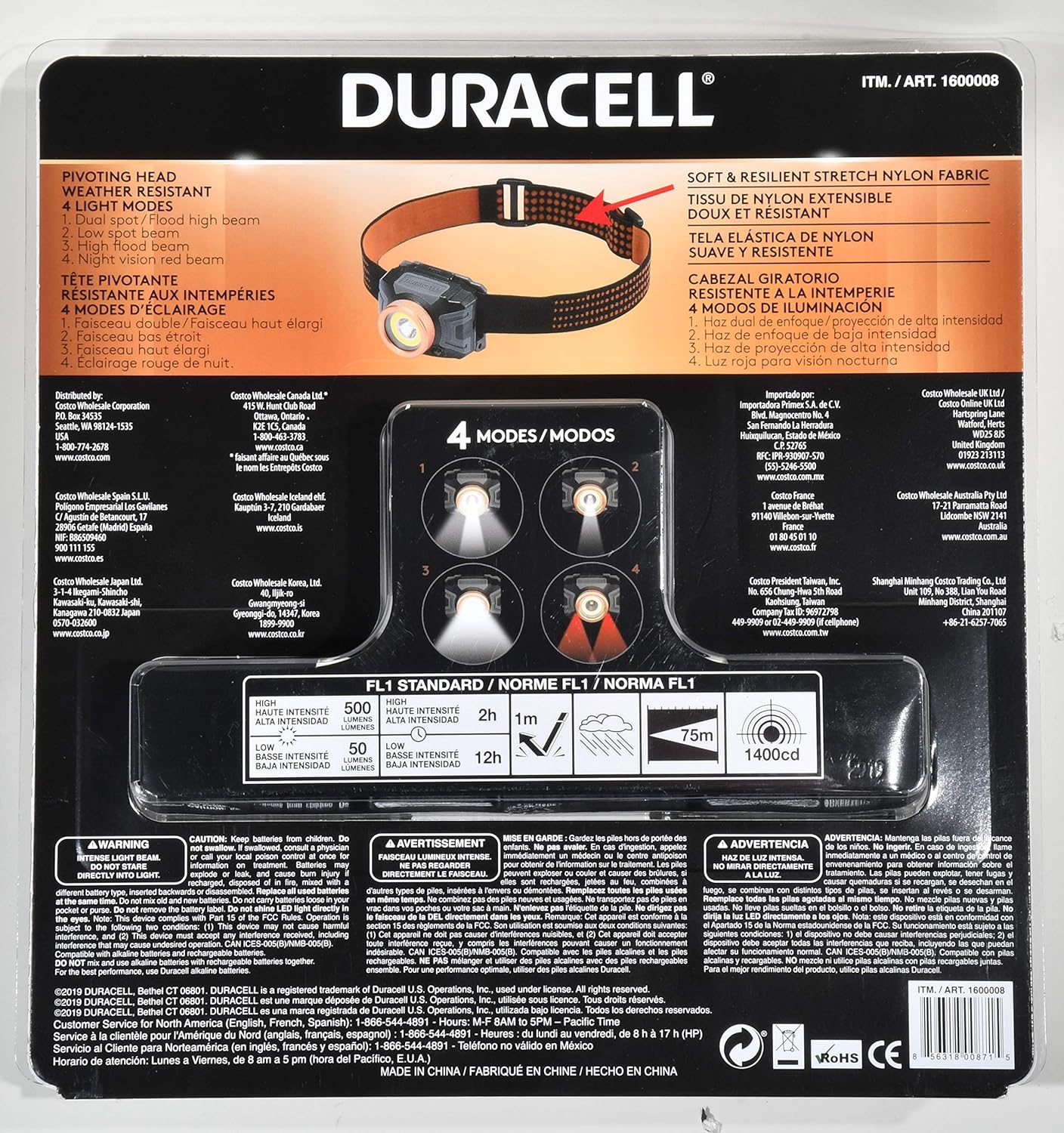 Duracell LED Headlamps 500 Lumens, 4 Light Modes, Weather Resistant, 3 Pack - - 