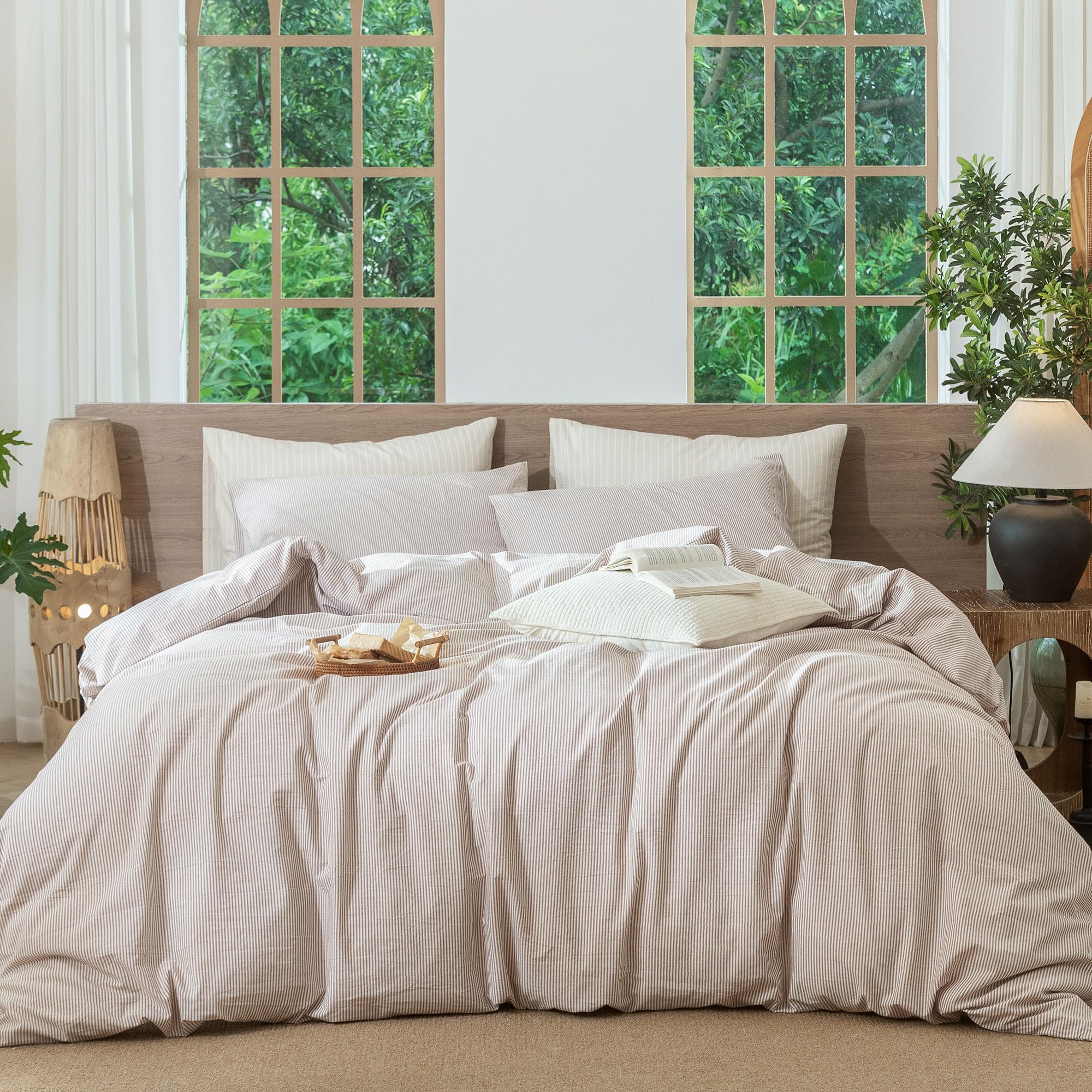 Photo 1 of MooMee Striped Duvet Cover Set 100% Washed Cotton Linen Like Textured Breathable Durable Soft Comfy (Orange Pinstripes, King 104"x90")