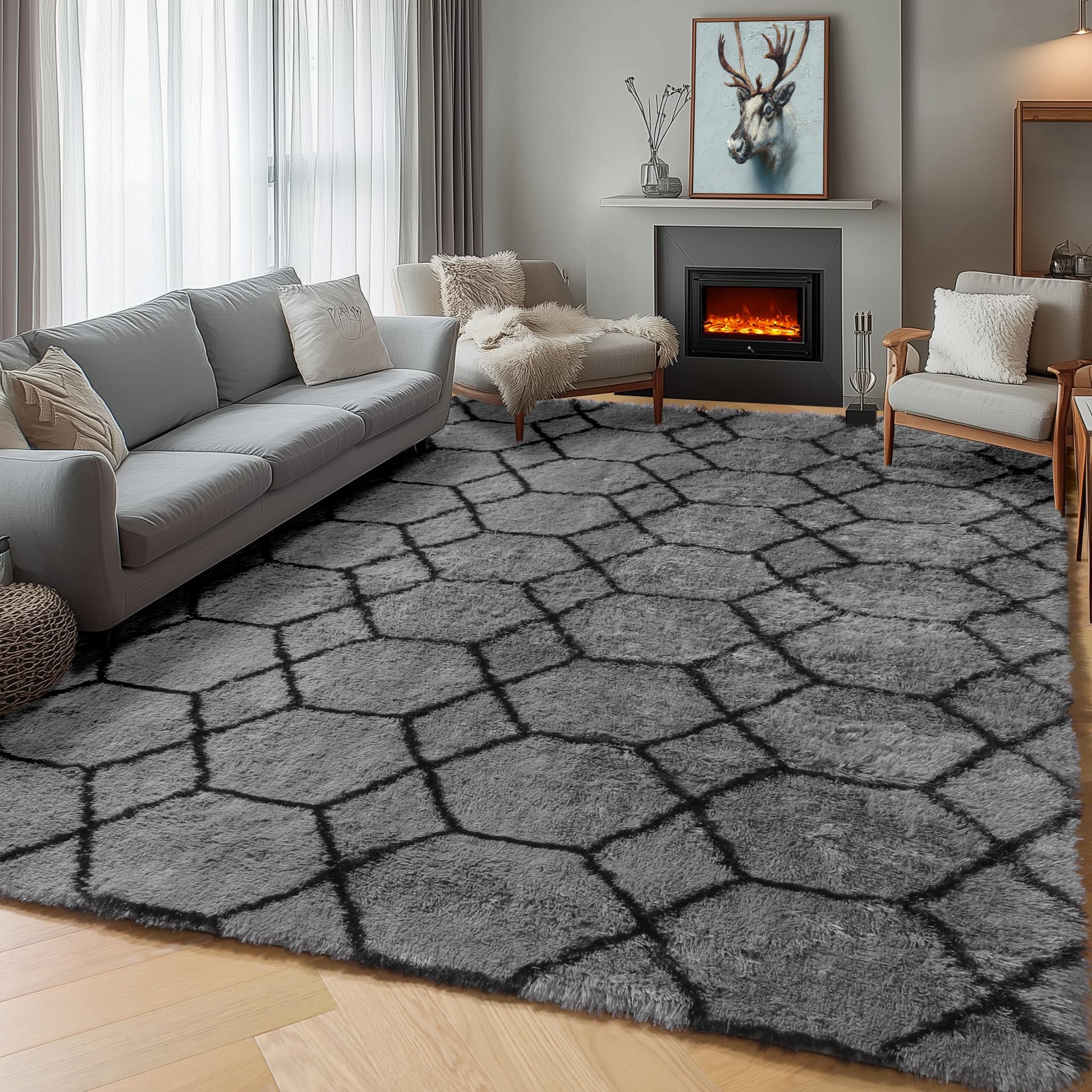View 1 of ONASAR 5x7 Area Rugs for Living Room Bedroom, Washable Fluffy Grey and Black Throw Rug, Geometric Boho Soft Plush Shaggy Floor Carpet for Nursery Kids Girls Boys Teen Dorm Home Decor Aesthetic