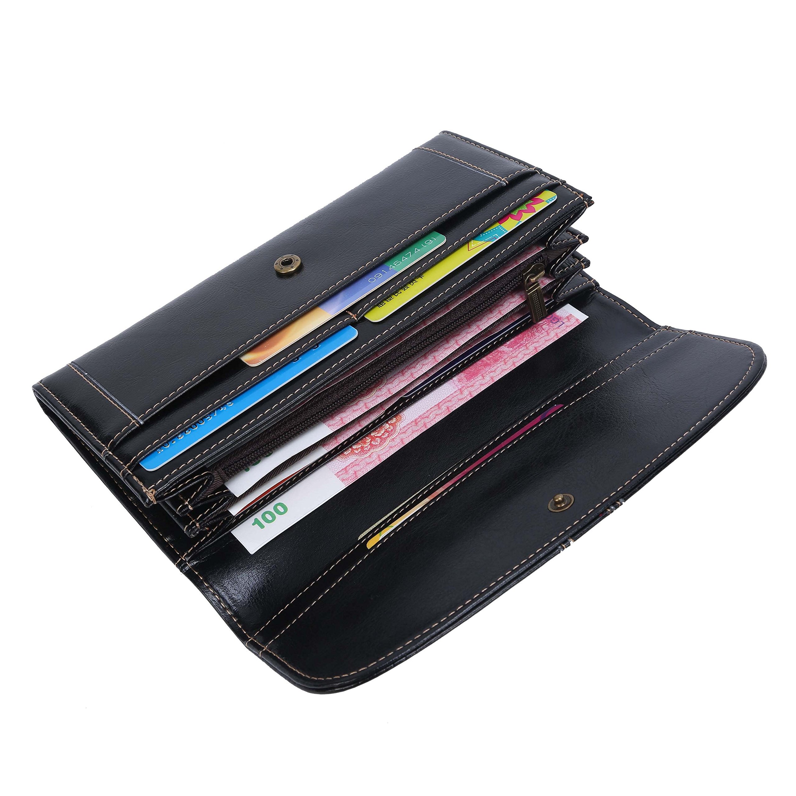 Carteras de Cuero Genuino Monedero para Mujeres RFID Bloqueo Cera de Lujo Piel Gran Capacidad Bolso de la señora-Negro