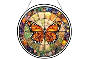 365CUSGIFTS Monarch Butterfly Stained Glass Window Hangings, Cat Butterfly Sunflower Handcrafted Stained Glass Suncatchers, Gift for Cat Lovers Nature Lovers (12”x12”)