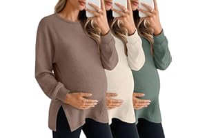 Sweetyweee 3 Pack Women's Maternity Shirts Long Sleeve Waffle Knit Side Split Oversized Tops Pregnancy Clothes Fall Tees